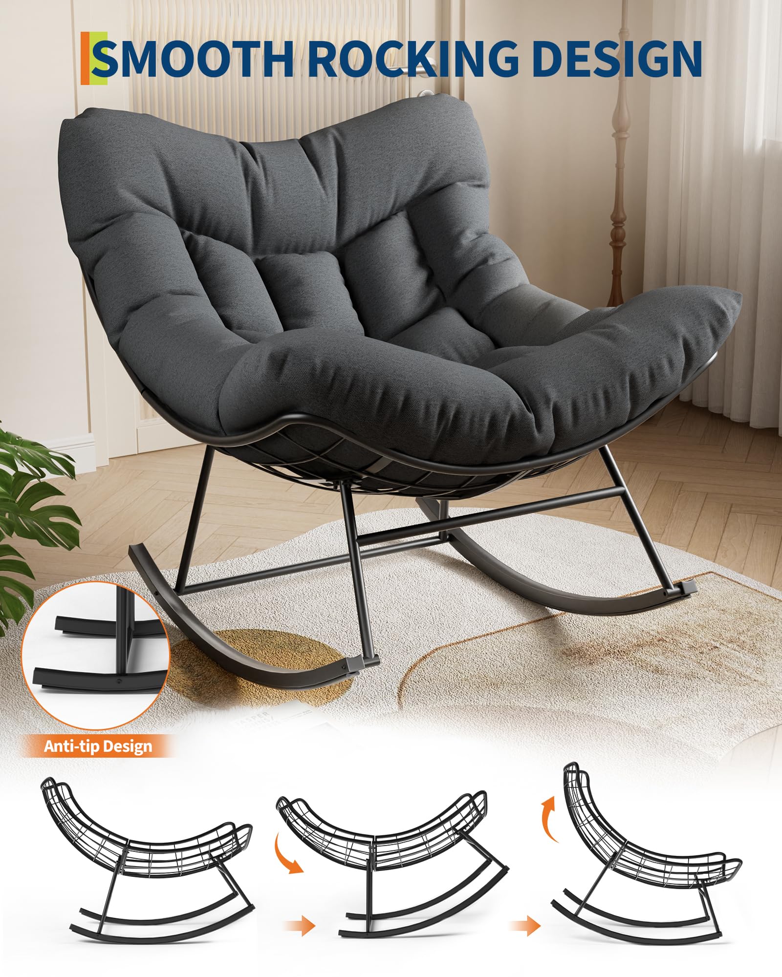 PortoAlegre Sedia a Dondolo Oversized, Sedia a Dondolo con poggiapiedi da Esterno a Forma di Uovo con Cuscino Spesso, Poltrona dondolo esterno/Interno, per Soggiorno, Giardino, Terrazza