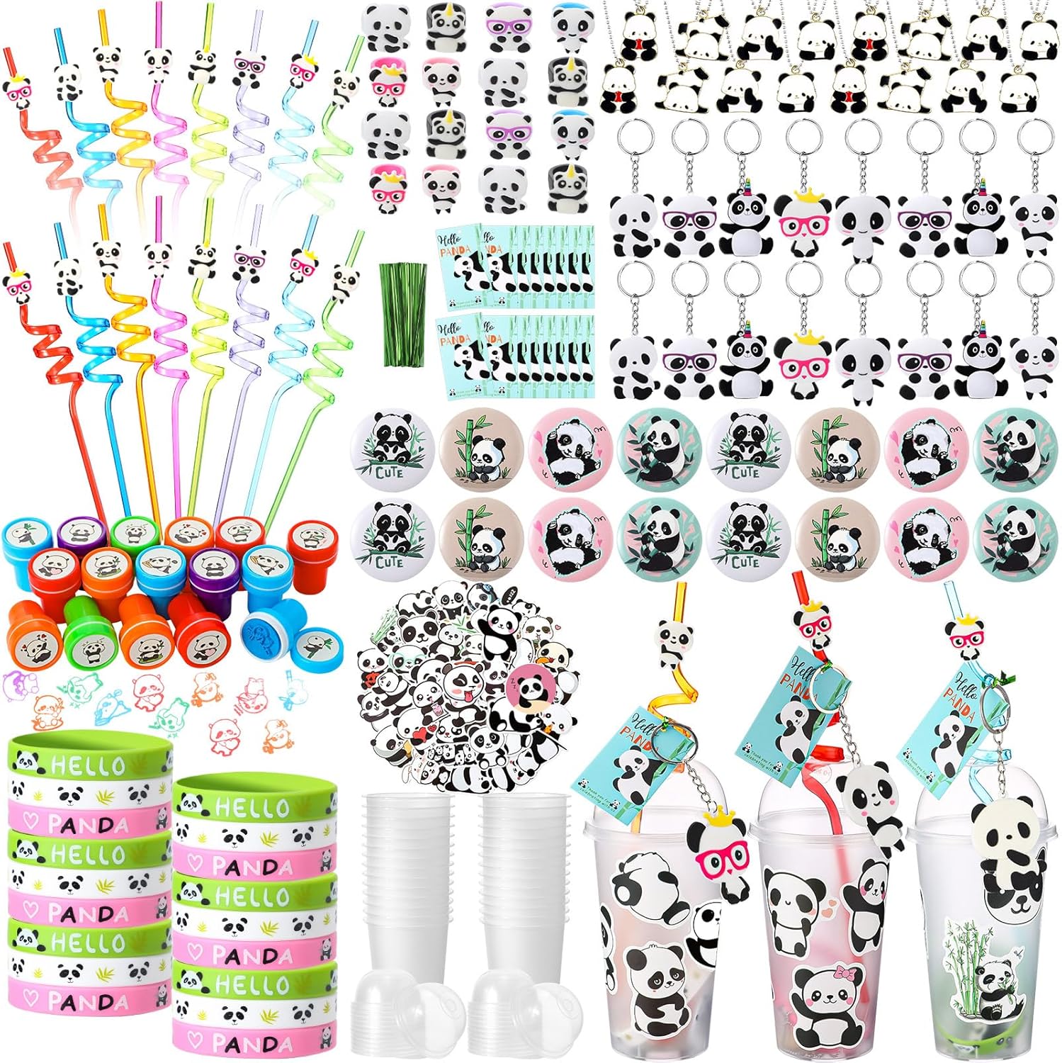 195 Pcs Panda Birthday Party Favors for 16 Kids Include Keychain Necklace Silicone Bracelet Ring Badge Stamp Sticker Tags Twist Tie Cup Lid Straw for Birthday Baby Shower Party Decor