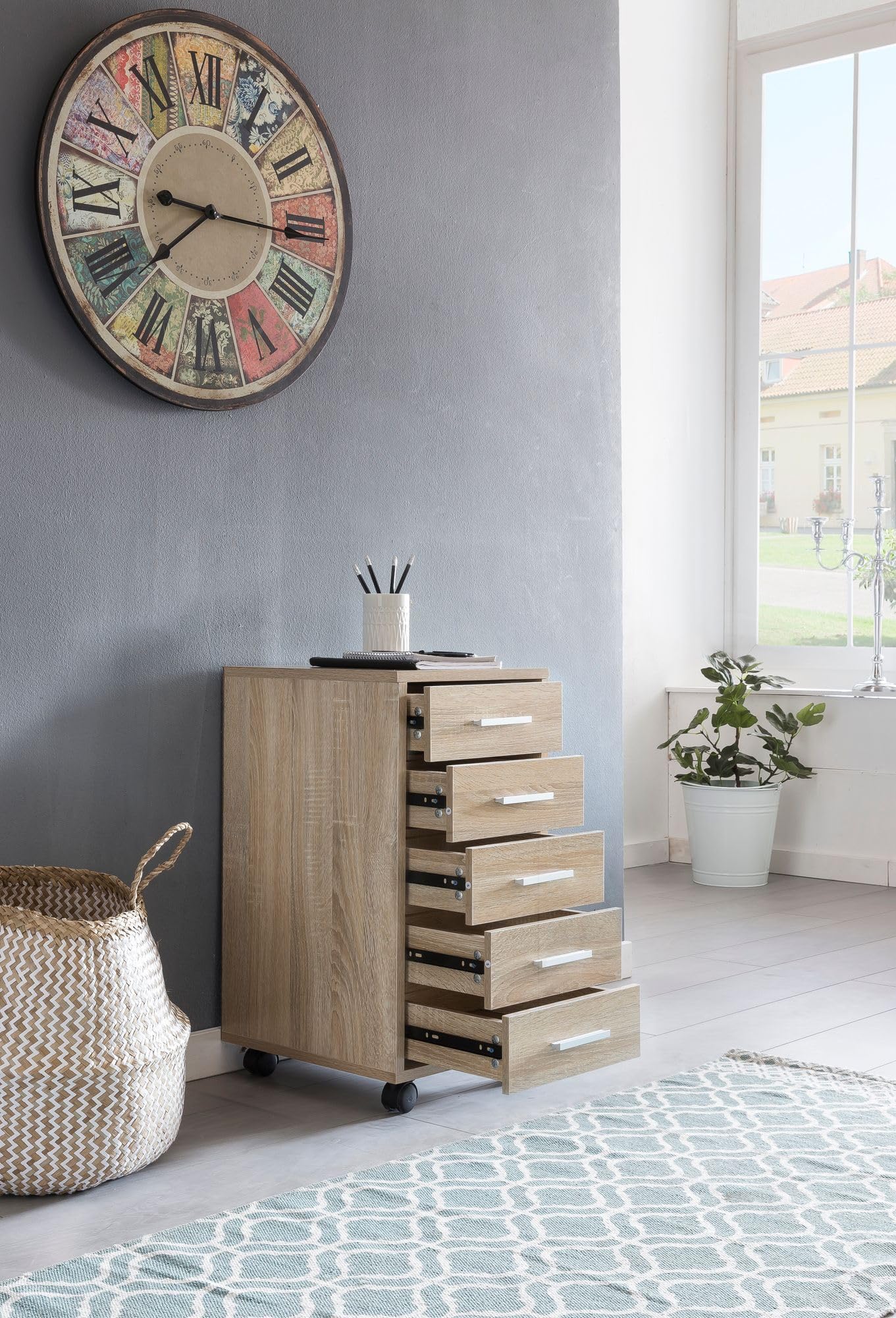 WOHNLING Kontenerek na Kółkach 33x38x63 cm Sonoma z 5 Szuflady | szafka z szufladami do biurko, kontenerek biurowy pasuje obok lub pod biurko, szafka na kółkach ze schowkiem