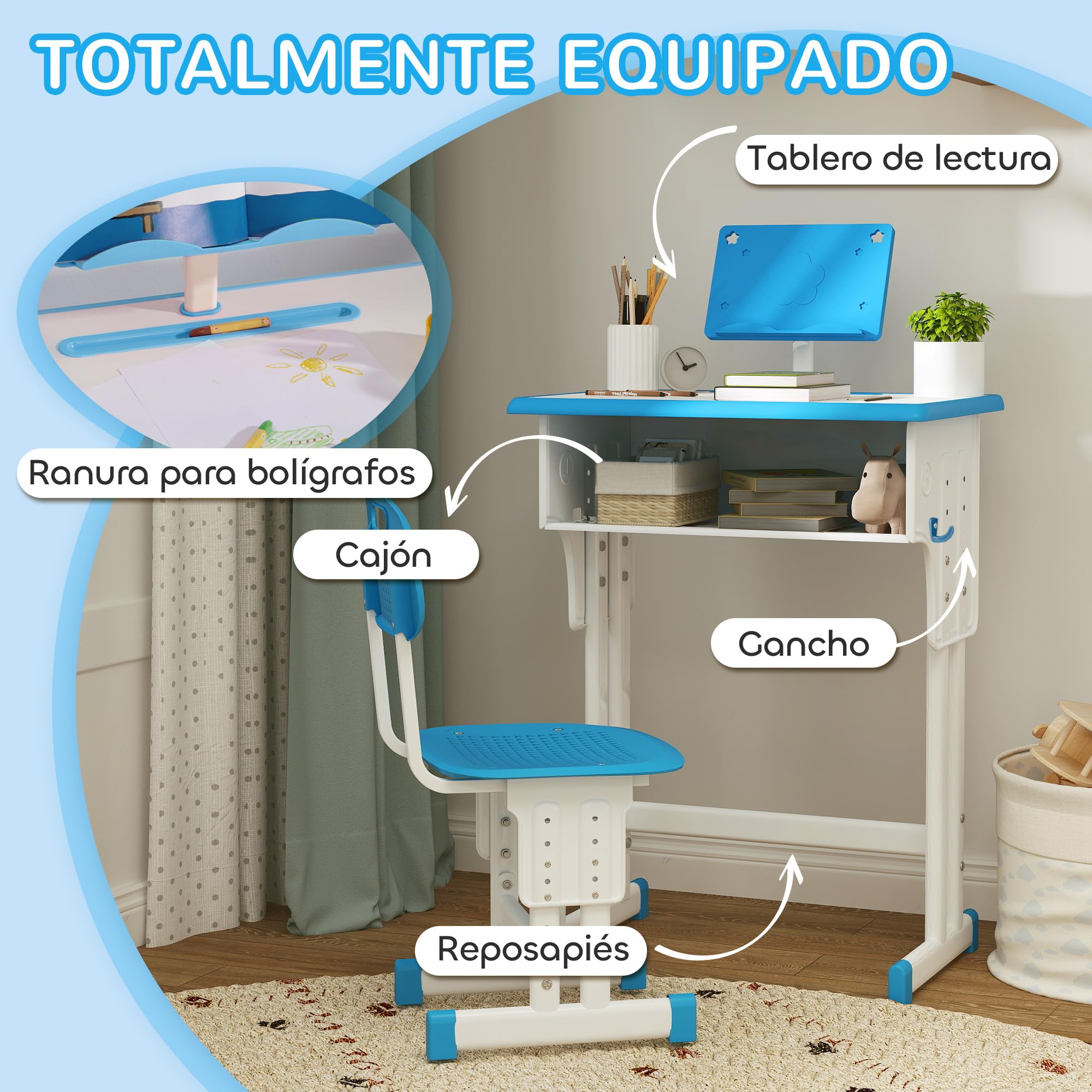 HOMCOM Juego de Escritorio y Silla para Niños de 6-12 Años Escritorio Infantil Altura Ajustable con 1 Cajón 1 Ranura para Lápiz y 1 Estante para Libros Acero 60x45x90-102 cm Azul