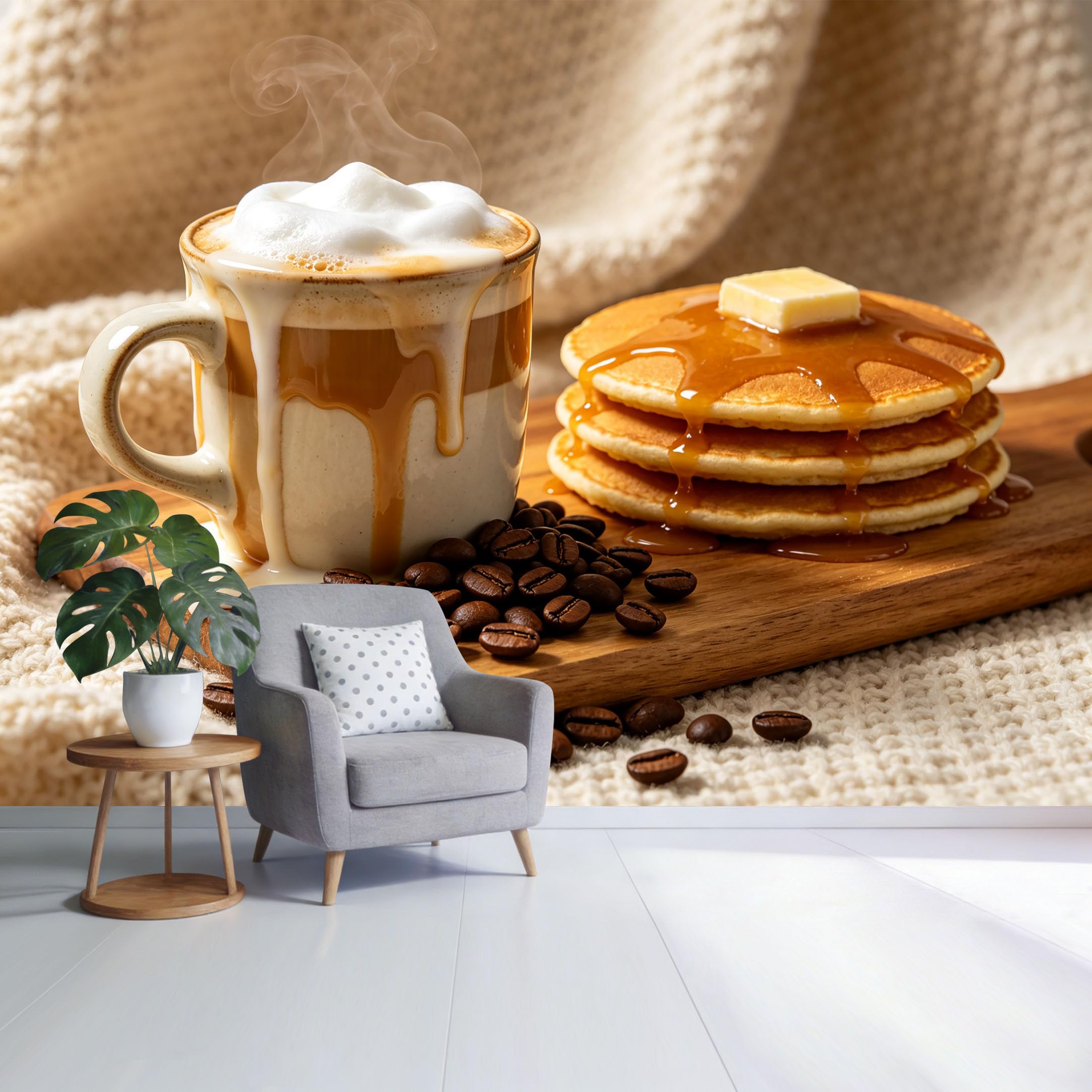 Custom Size Wall Mural Coffee Latte and Pancakes with Syrup Rustic Breakfast Scene Food Photography SelfAdhesive Wall Fabric Removable Wallpaper for Home Office Decor