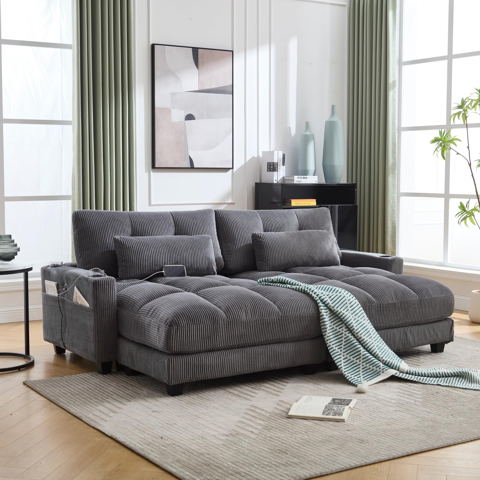 Sofá cama de pana, sillón cama de 1 plaza con USB, 2 portavasos, bolsillo lateral y cojines, reposabrazos ajustables, para espacio pequeño, 140 x 112 x 81 cm (gris)