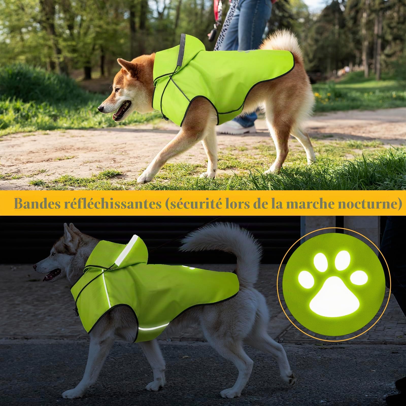 Manteau Chien Imperméable Réglable avec Capuchon, Manteaux Pluie Réfléchissants pour Chiens Petits, Moyens et Gros, 100% Étanche et Aéré