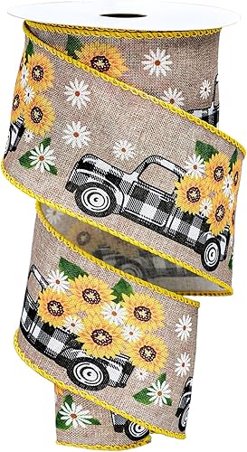 Whaline Cinta de tela floral vintage para camión de girasol, para primavera y verano, a cuadros, para envolver regalos, lazo para el pelo, coser,