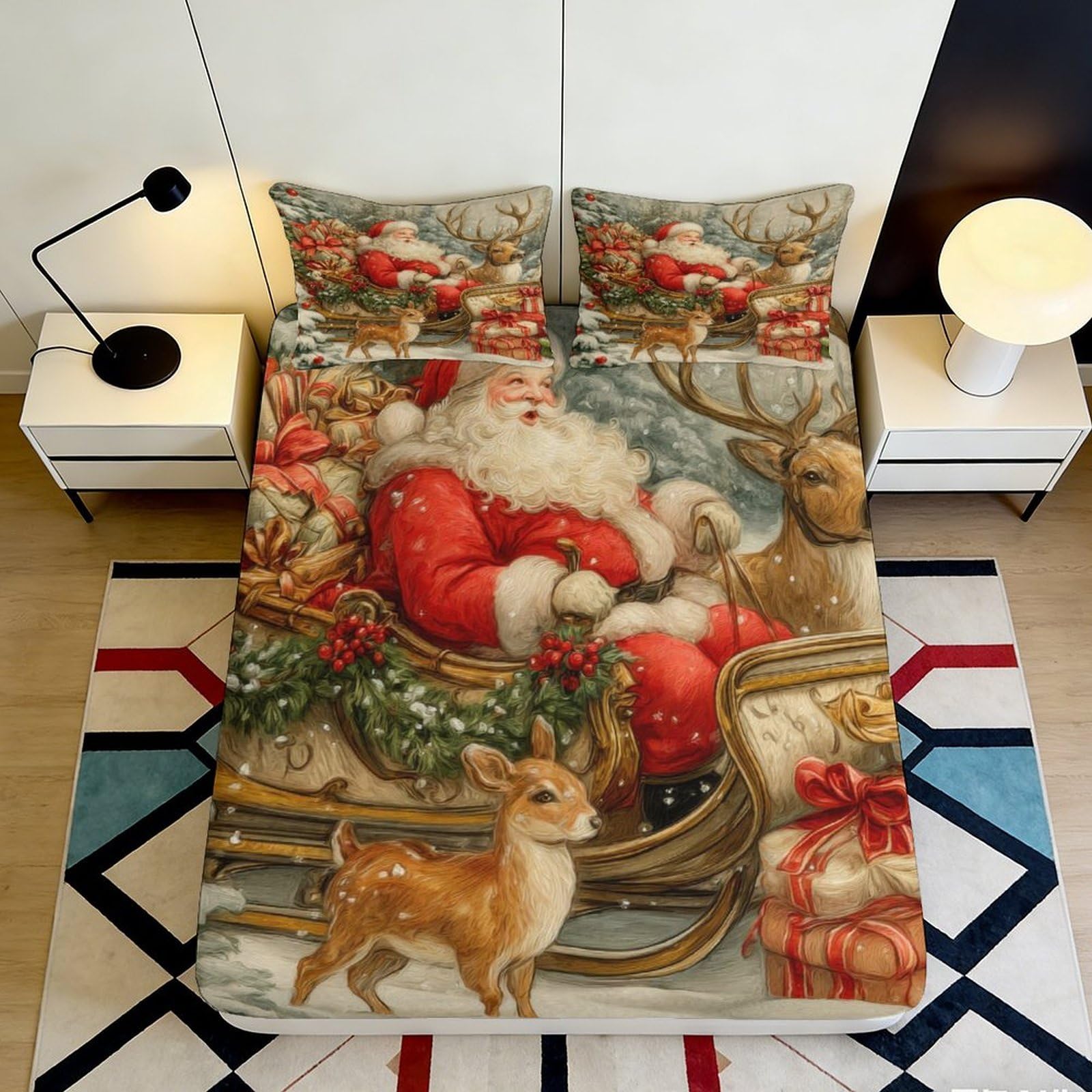 3D Printed Santa Claus Fitted Sheet Microfiber Soft Breathable Reindeer Bed Cover for Bedroom Dormitory Guest Room Mattress Protection Decor 200x200x25cm