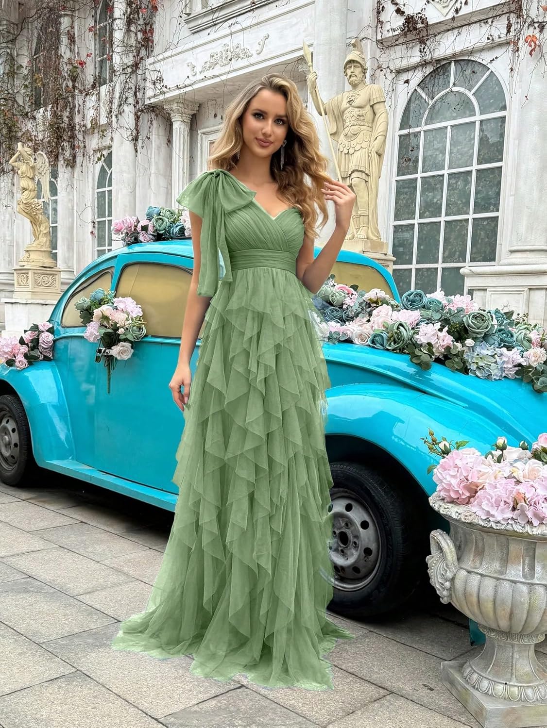 Summer Women Tulle Prom Dress Elegant Bow One Shoulder Slit Evening Party Gown Wedding Guest Bridesmaid Maxi Dress - Image 5
