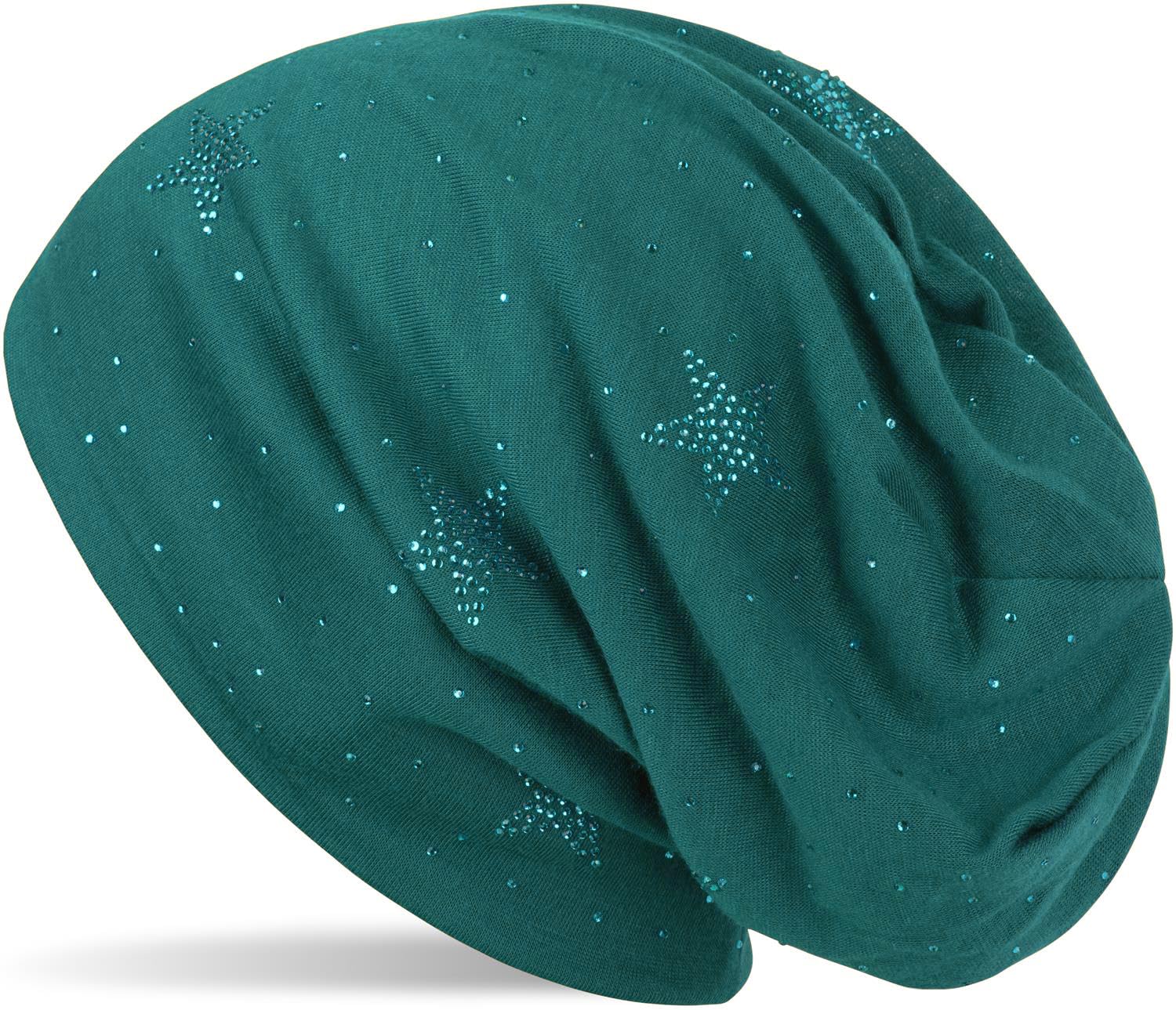 Stylebreaker Women's Petrol Beanie Hat With Rhinestone Stars And All-Over Rhinestones, Slouch Long Beanie, 04024116, Colour:
