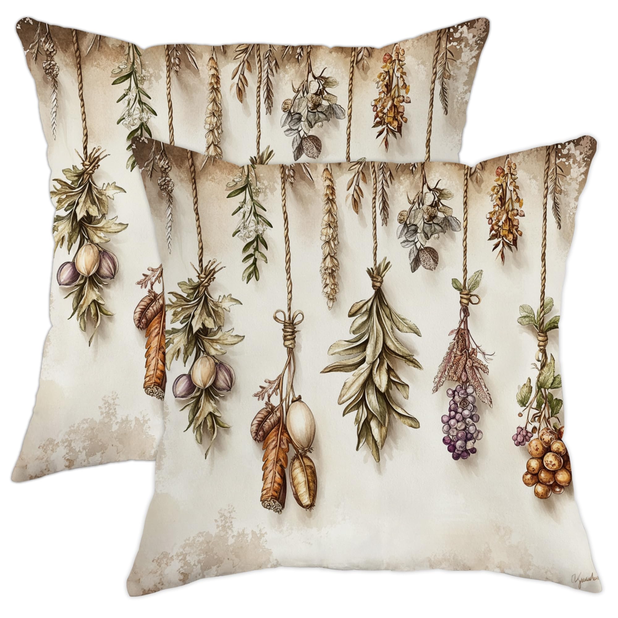 Herb Garden Throw Pillow Covers Set of 2, Natural Botanical Design Cushion Cases, Rustic Style Decorative Pillows for Home Living Room Couch Sofa