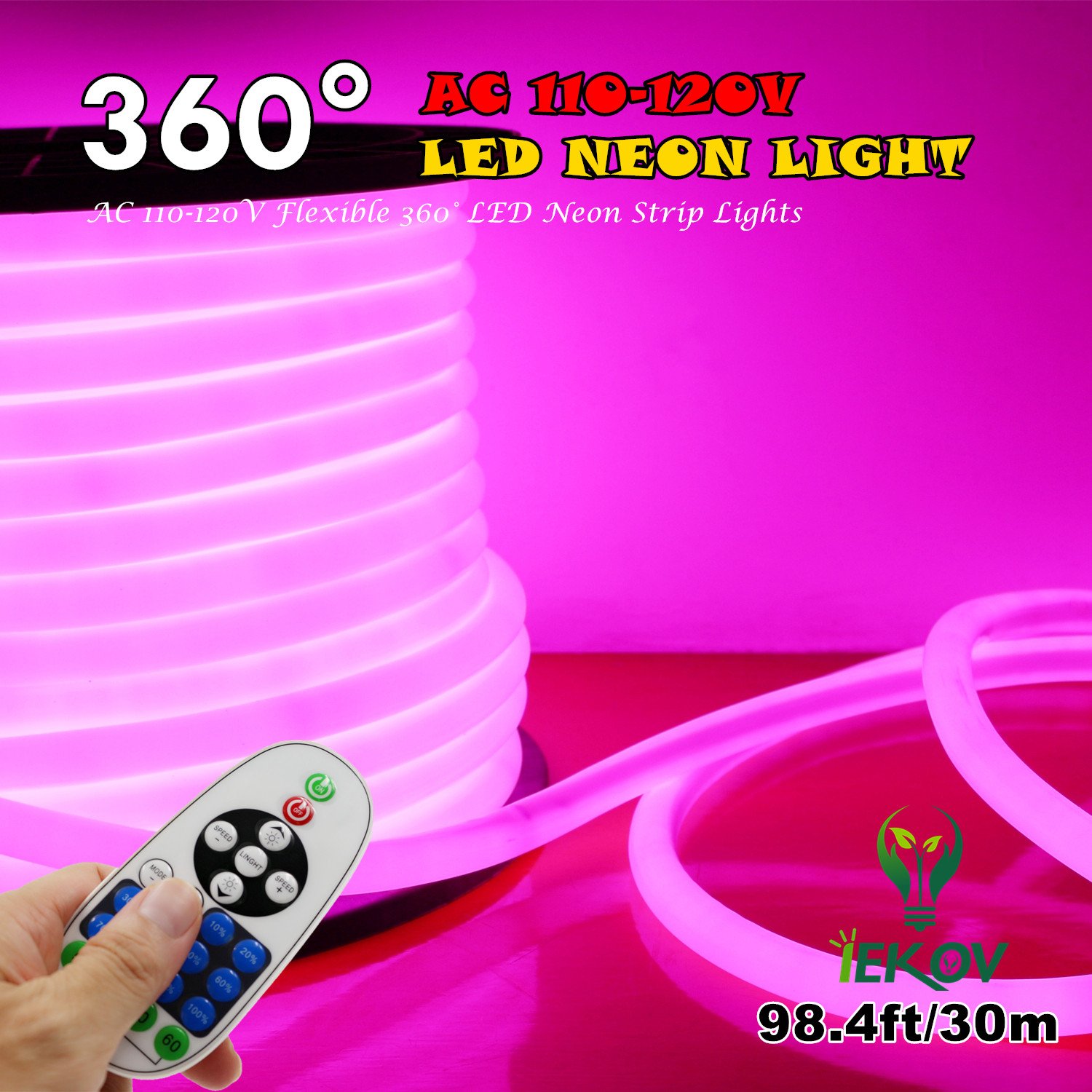 IEKOV 30M Pink 360 LED Neon Light Strip, AC 110-120V, Dimmable & Waterproof, Remote Control, Indoor/Outdoor, String Light