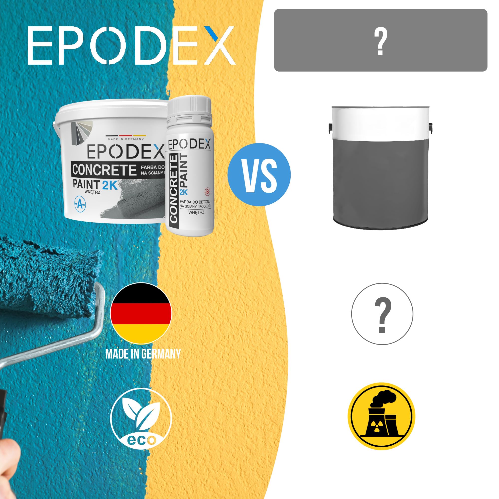 EPODEX FARBA DO BETONU 2K - Farba do posadzek, powłoka do podłóg garażowych - Wodoodporna - Do piwnic, garaży, warsztatów - Wnętrza, 3,6kg (9m² na 2 warstwy) - Polarna biel