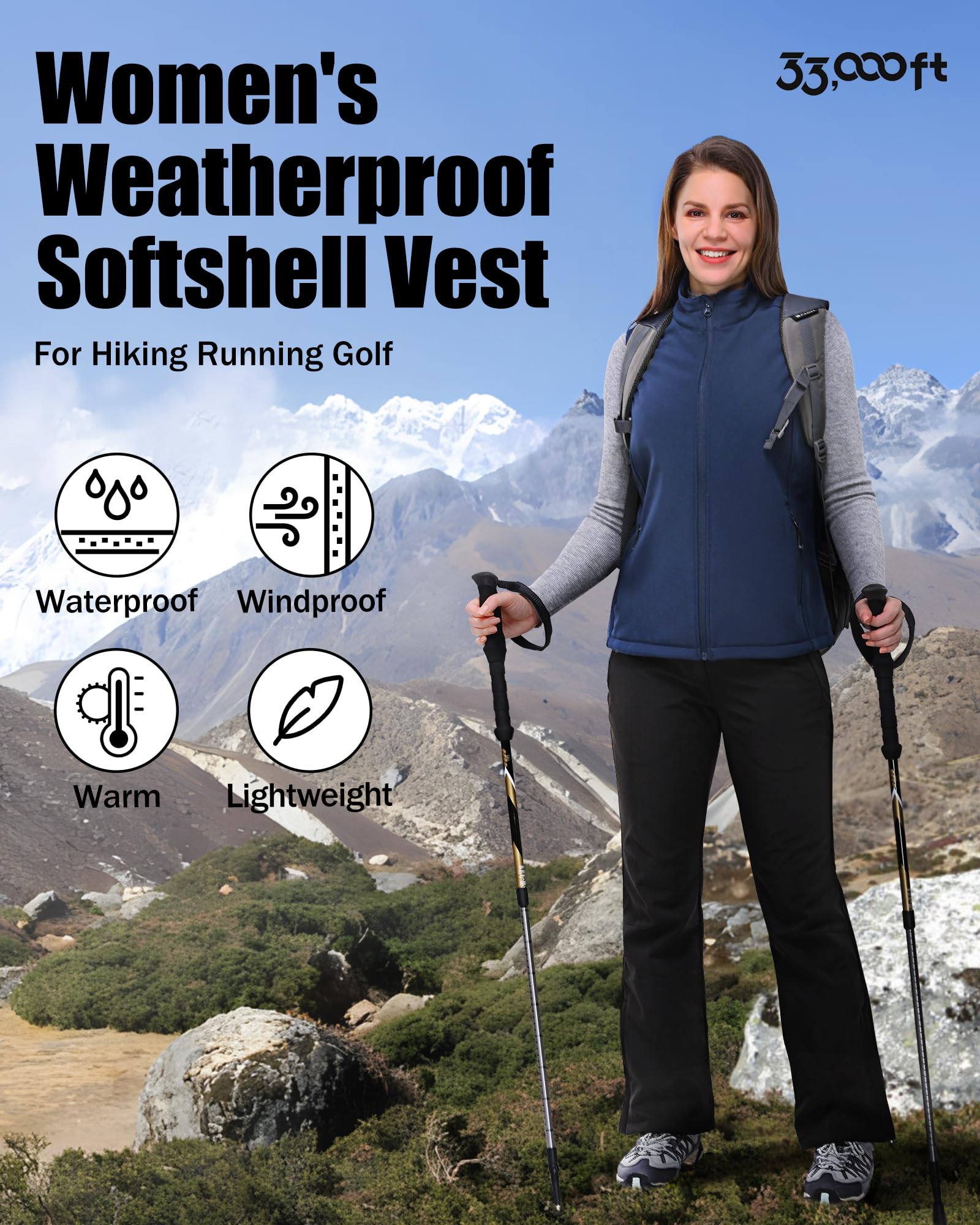 Damen Outdoor Softshell Weste Wasserdicht Ärmellose Jacke Winddichte Fleece für Laufen Golf Wandern 33,000ft