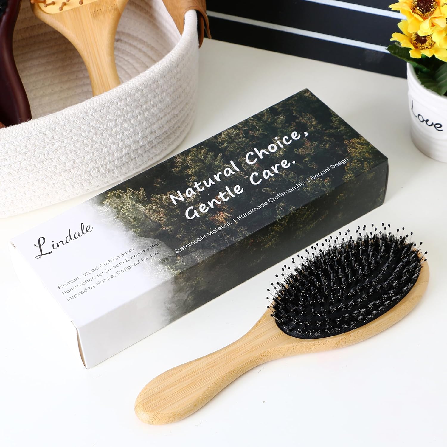 Lindale Boar Bristle Hair Brush for Women Men, Natural Bamboo Detangler Paddle Hairbrush for Hair Growth Beard Massaging Scalp, Reduces Static for Curly Hair with Ergonomic Handle