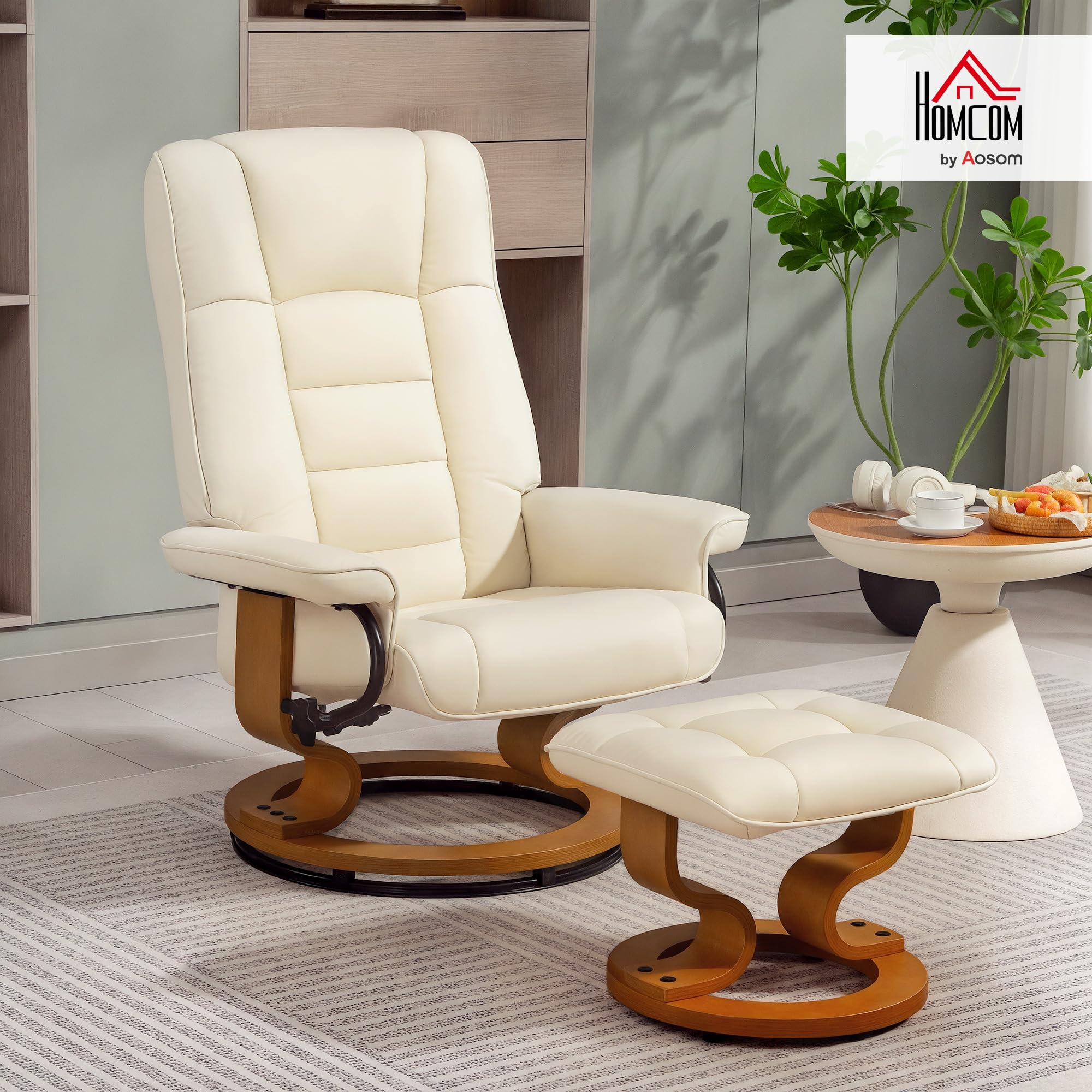 HOMCOM Fauteuil de Relaxation inclinable avec Repose-Pied Fauteuil Relax de Salon pivotant, Cadre en Bois revêtement synthétique 76 x 85 x 104 cm crème