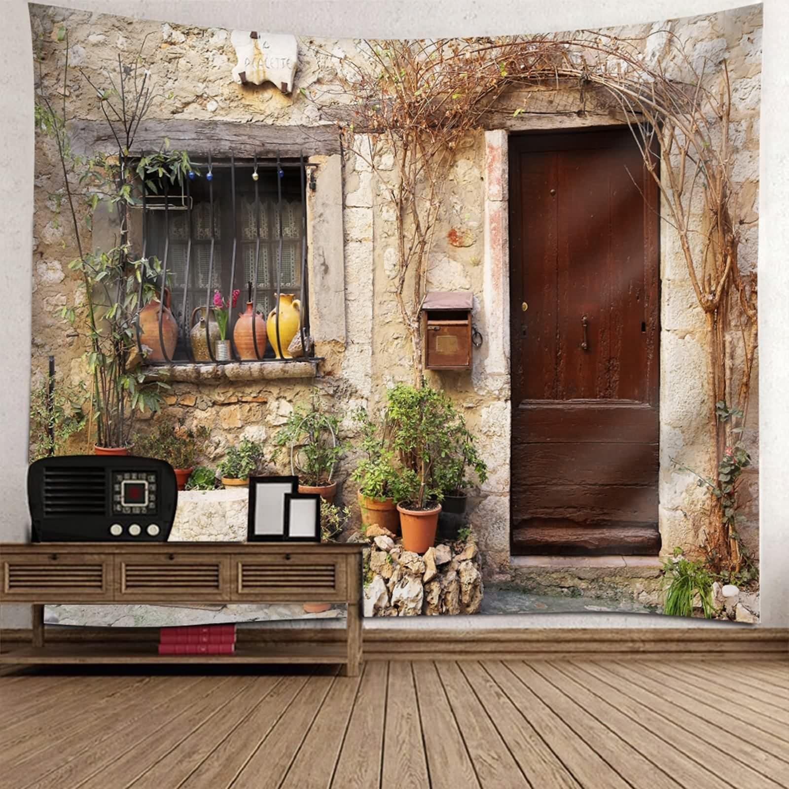Tapiz decorativo de pared, rectangular, multicolor, puerta de madera de calles, poliéster, 240 x 220 cm