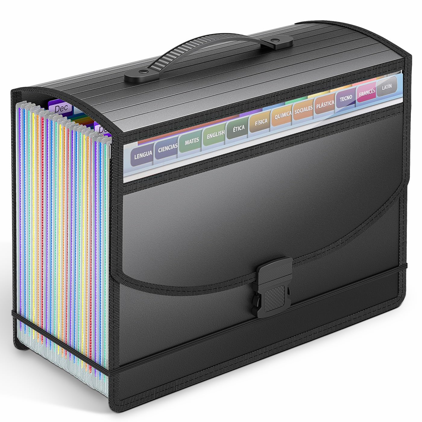 Carpetas de archivos expansibles con asa, ventana visible y parte inferior expandible