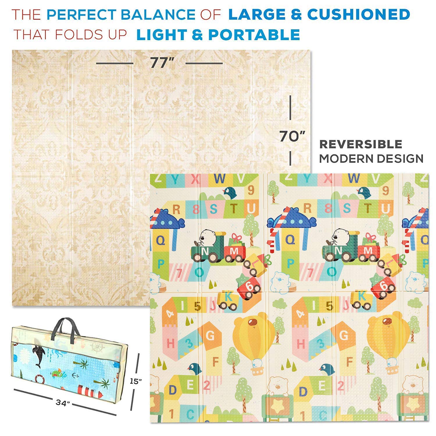 Alfombra de juego reversible para bebés y tapete de ejercicio: tapete de espuma divertido y elegante para niños y bebés. La elegante decoración de la habitación se transforma en una gran alfombra de 3