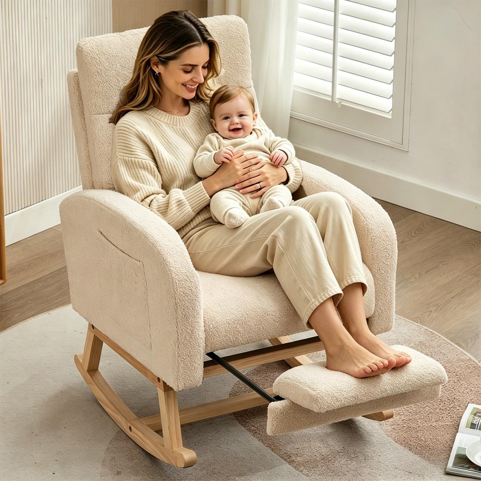 Rocking Chair for Adults with Footrest, Lambswool Wooden Nursing Chairs with High Backrest Armrest and Large Side Pocket, Ergonomic Support for Nursery, Max Load 150kg, Living Room, Bedroom (Beige)