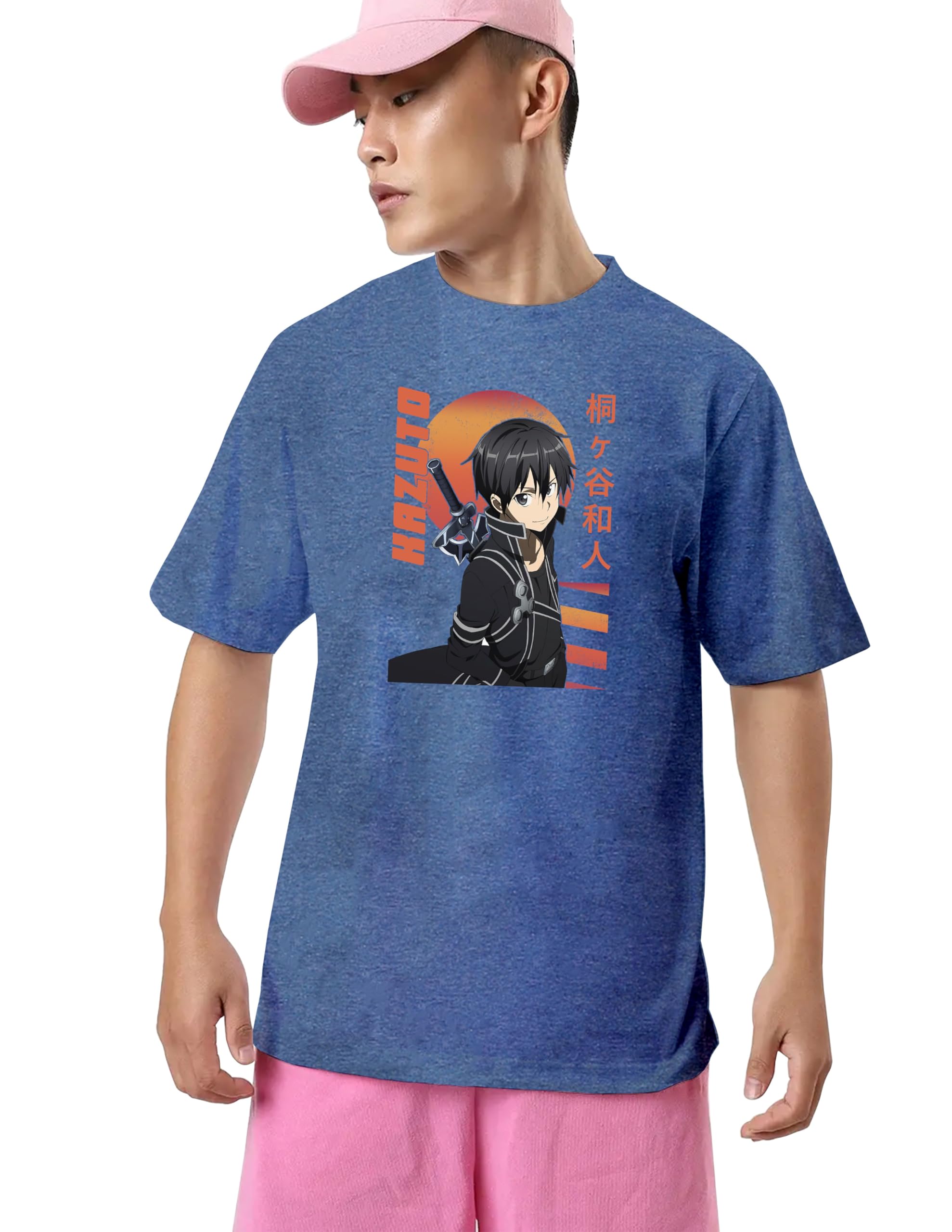MIGLOCUST Sword Art Online Kirito Anime Oversized T-Shirt for Men Melange Blue Half Sleeve Anim t-Shirt for Boys