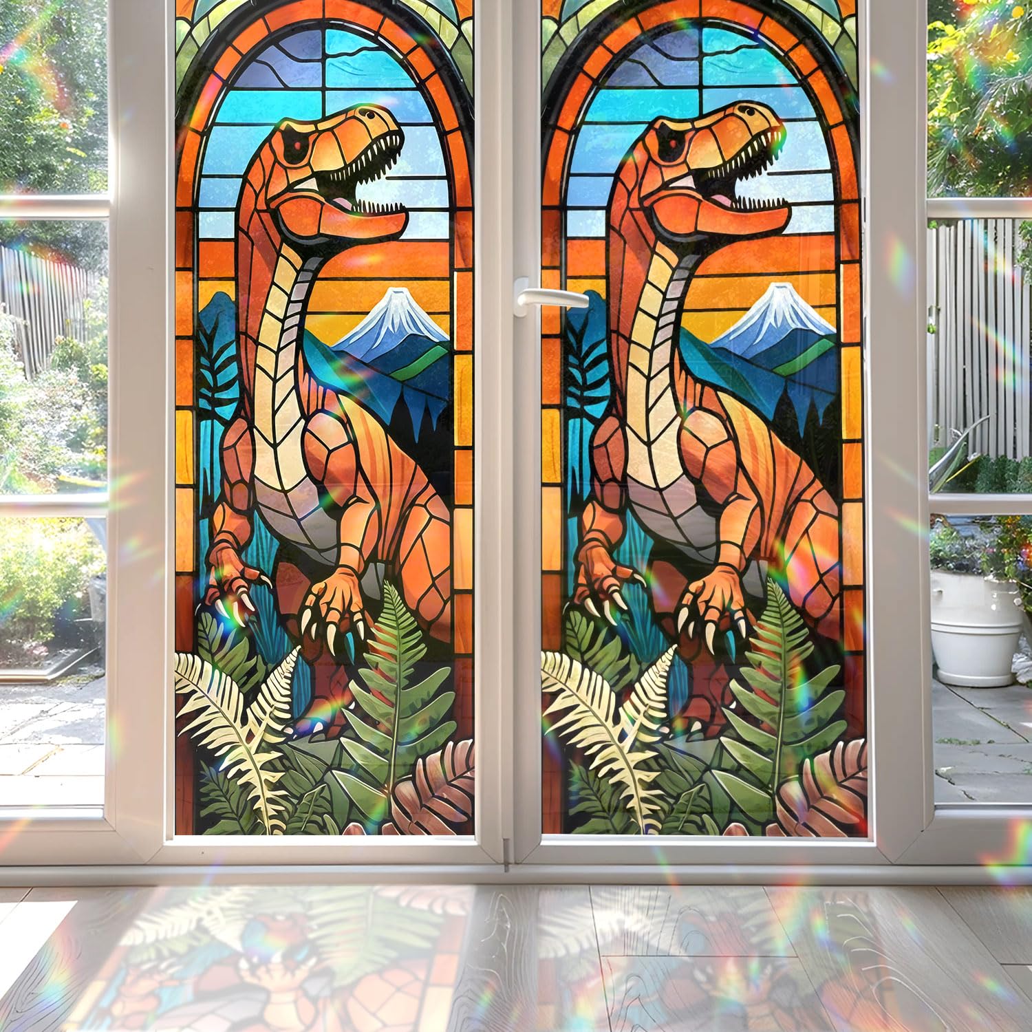 Dinosaur Stained Glass Window Film, Decorative Dinosaur Stained Glass Window Film, Dinosaur Stained Glass Window Film for Bathroom Door Heat Anti UV RA03