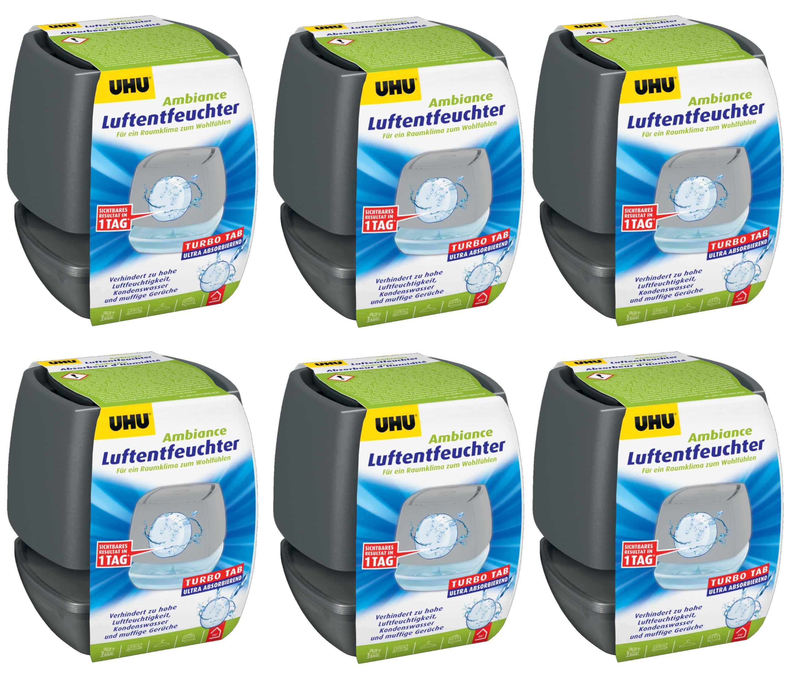 UHU Luftentfeuchter Ambiance 6er Pack, Bekämpft Feuchtigkeit und Schimmel in Wohnräumen von bis zu 10 m³, 100 g, anthrazit