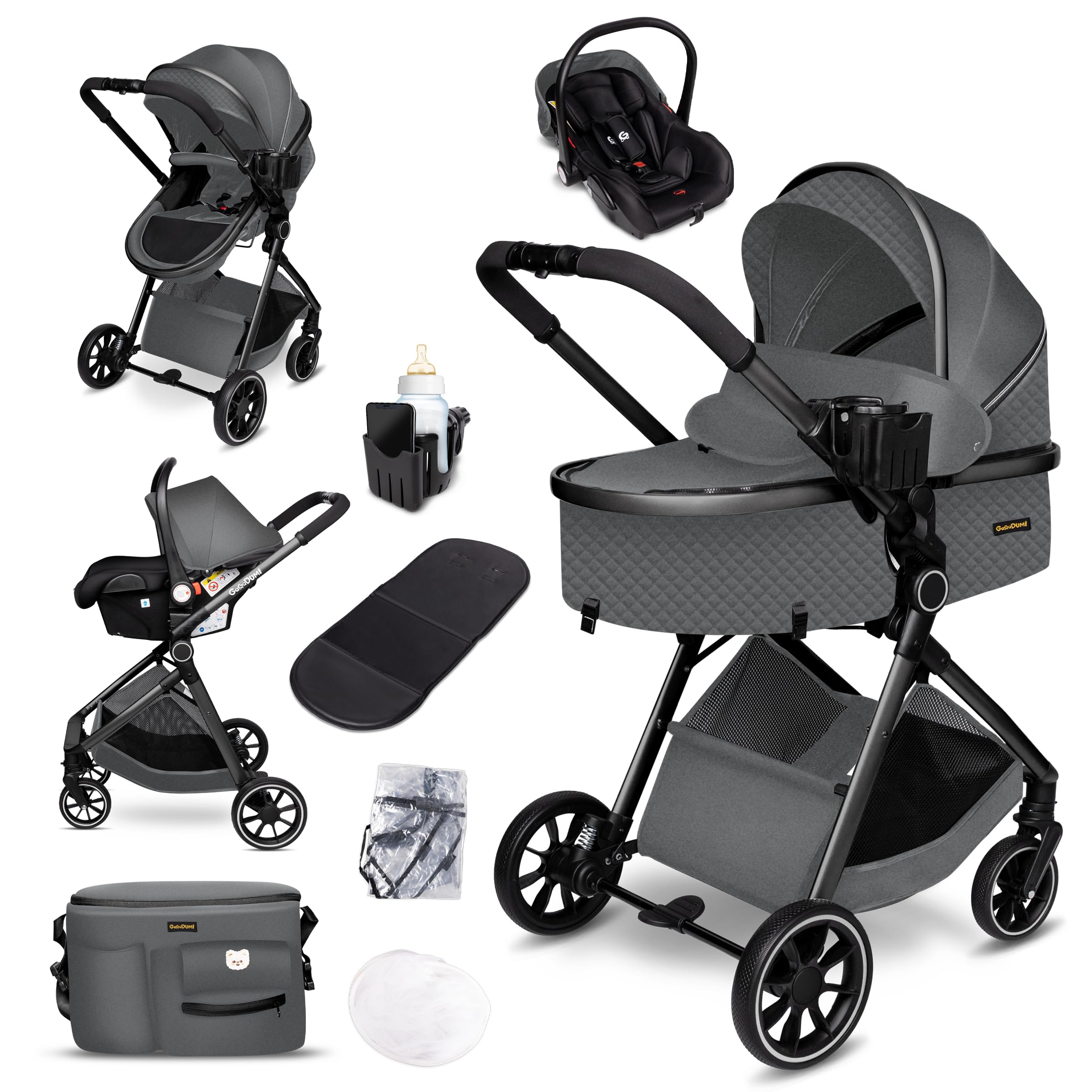 GagaDumi SoHo 3 en 1 Cochecito para Bebé con Capazo y Silla de Coche i-Size, Carrito Plegable Ligero con Accesorios, desde Recién Nacido hasta 22 kg