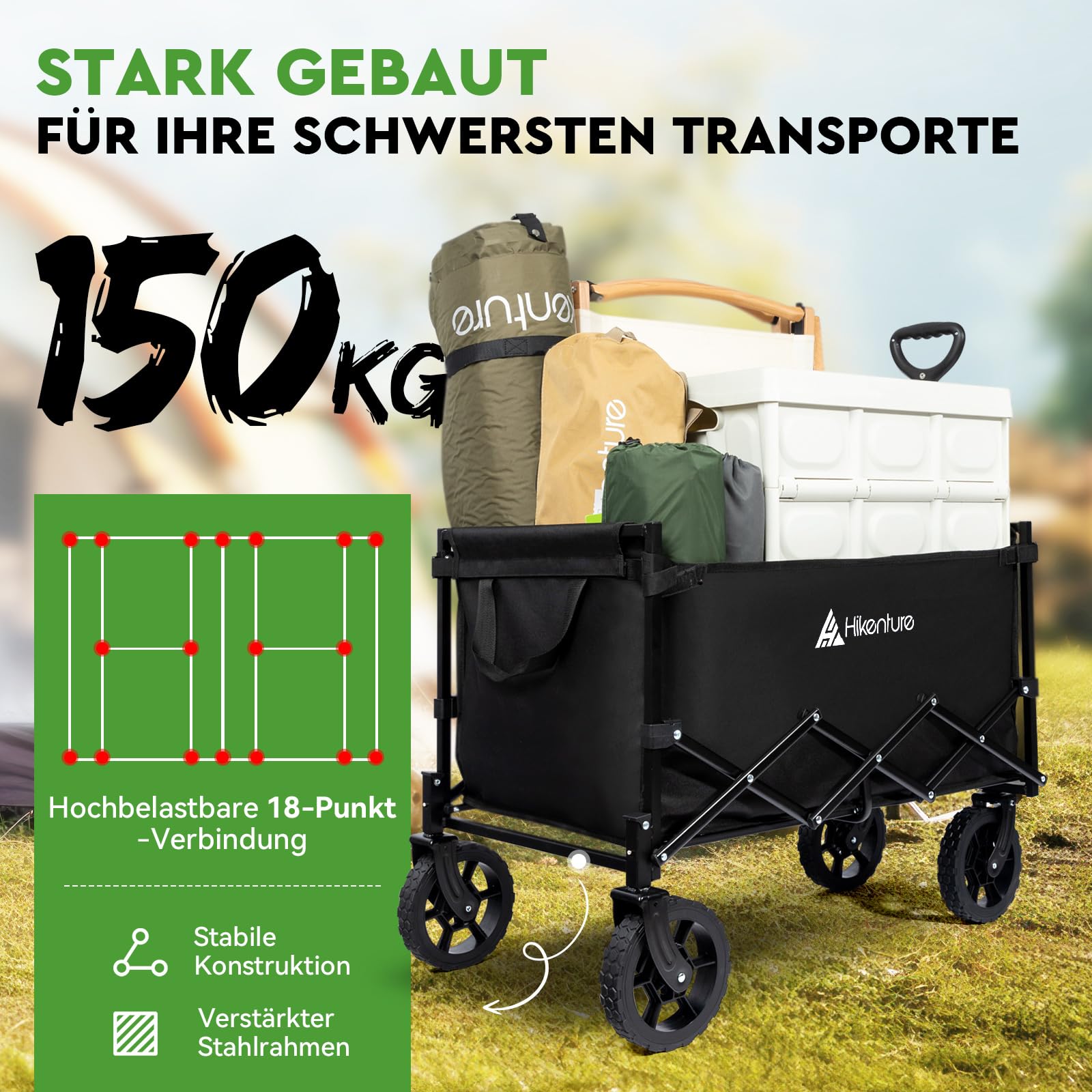 HIKENTURE Bollerwagen Faltbar mit Bremen - 140 Liter Volumen & 150KG belastbar - Extrem Faltbarer Bollerwagen - Klappbarer Handwagen Einkaufstrolley für Strand Camping Einkauf