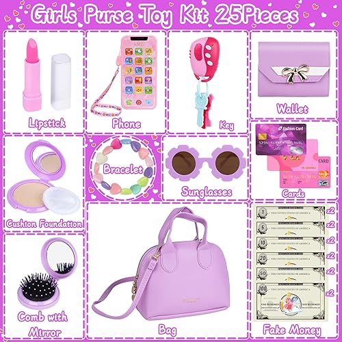 Miniatura 8 de Bolsa de juego púrpura para niñas pequeñas de 3 a 6 años, mi primer bolso de juguete con bolso, juego de maquillaje, gafas de sol, teléfono