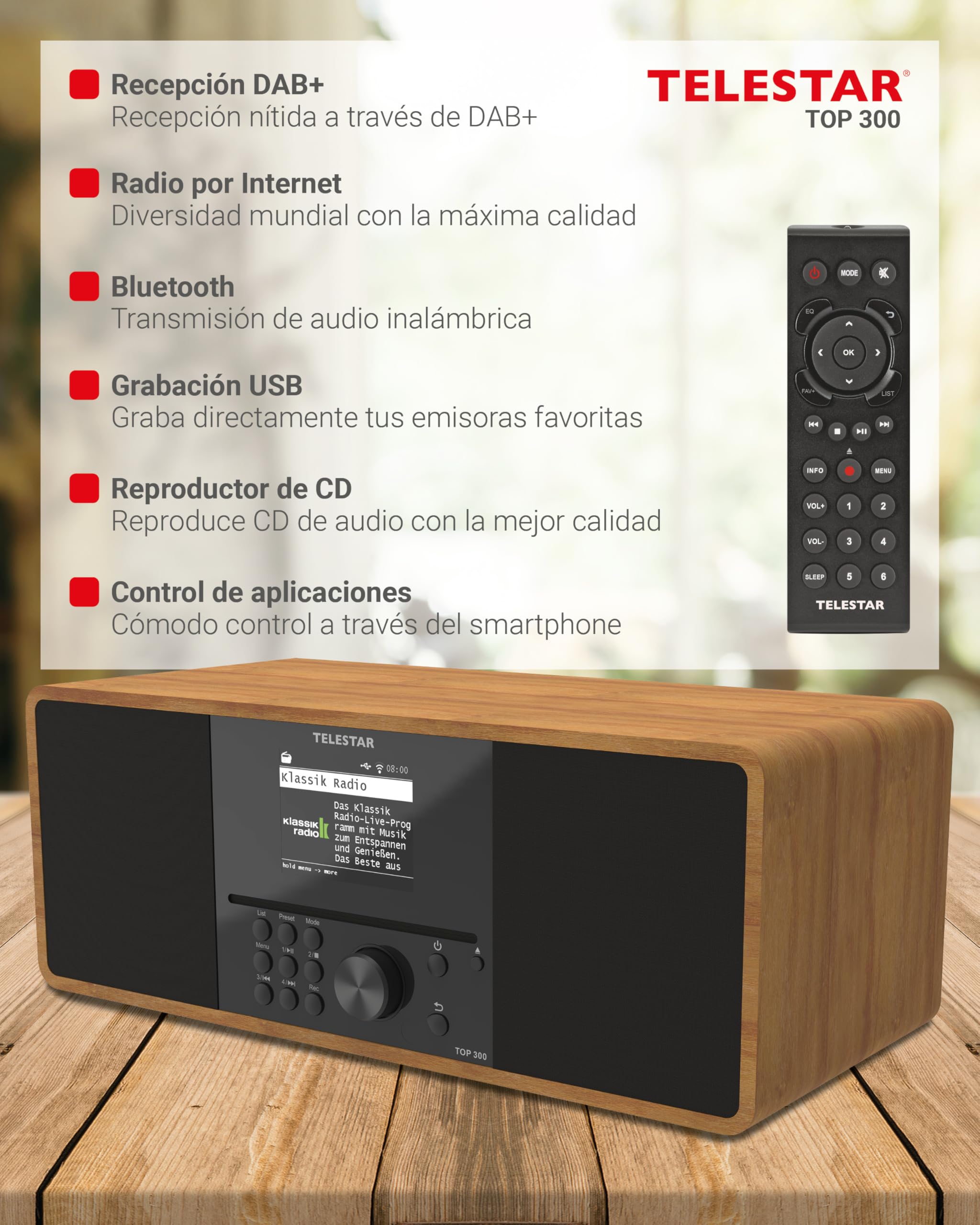 TELESTAR Top 300 – Radio Dab+/Internet con CD, estéreo – Madera | 2 × 15 W, servicios de streaming, Bluetooth audio & función de transmisión, grabación USB, sistema de alerta de emergencia