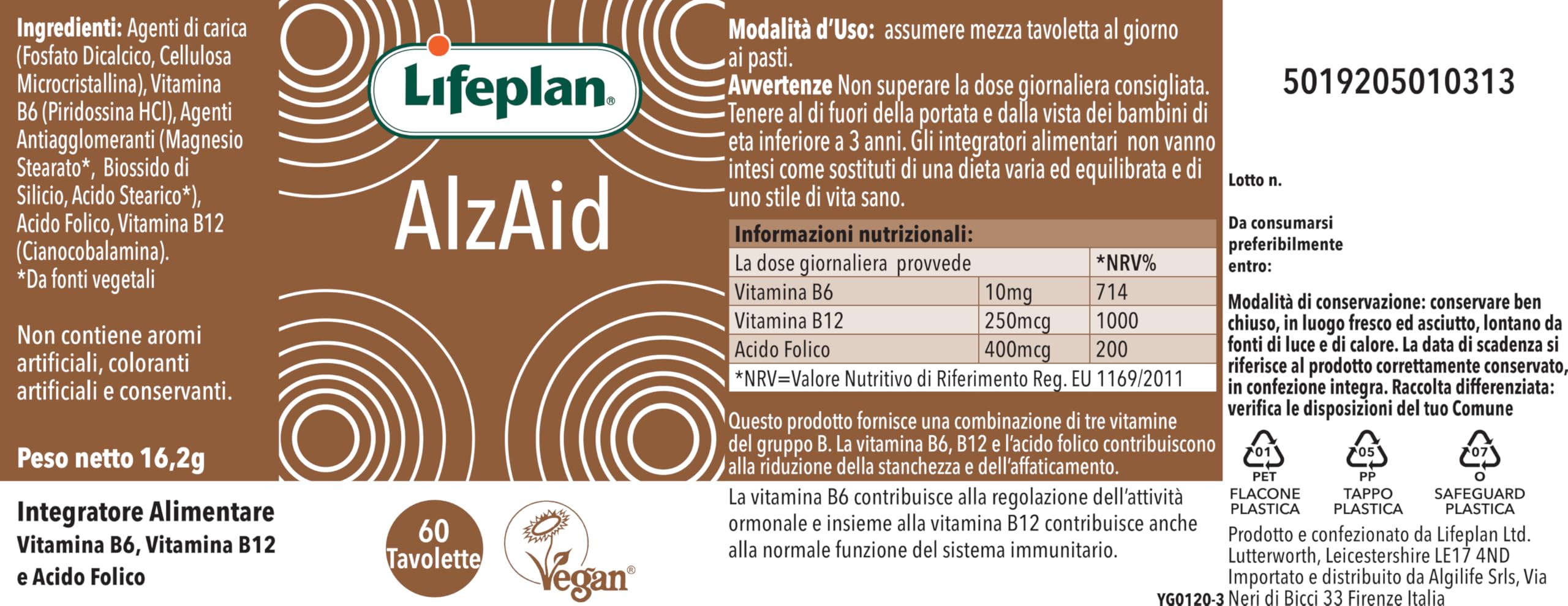 Vitamina B6 B9 B12 Acido Folico (60 Compresse Vegan, Scorta 4 Mesi) LIFEPLAN Alzaid - Integratori Stanchezza con Complesso Vitamina B complex, Vitamina B12, Vitamina B9, Vitamina B6, Vitamine gruppo B