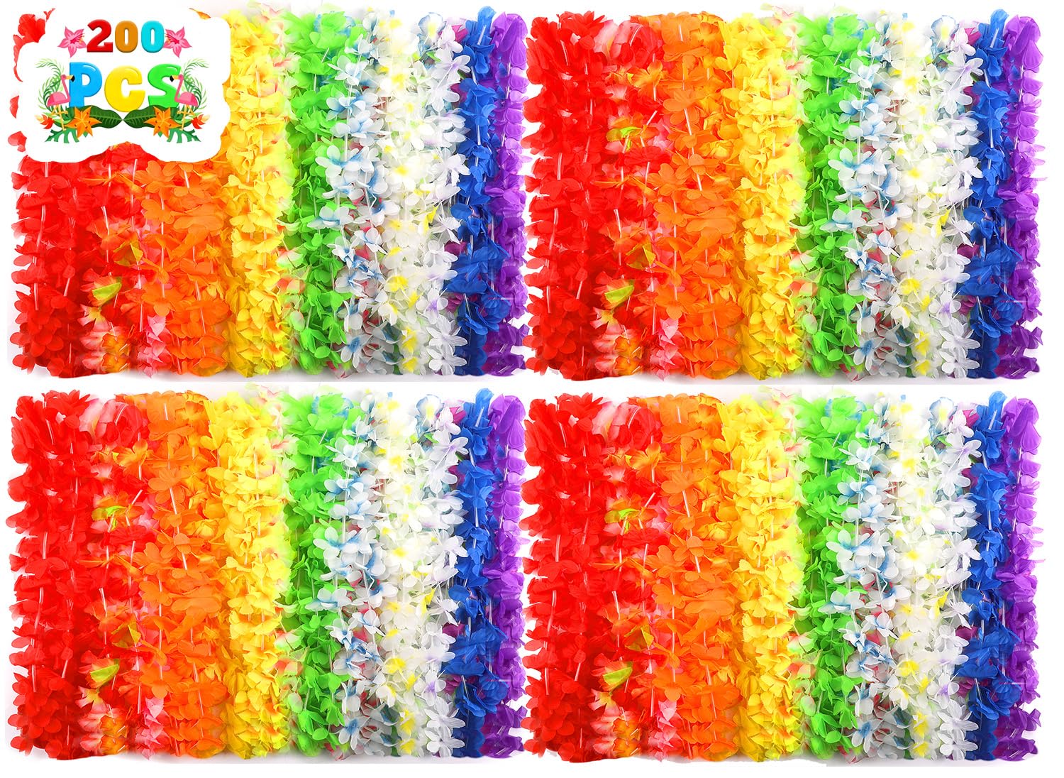 Photo 1 of 200 PCS Hawaiian Leis Bulk Colorful Tropical Flower Necklace for Luau Party Decorations, Summer Beach Party Favors, Hawaii Theme Birthday Decor, Pool Party Supplies, Hawaiian Garland, Silk Flower Lei