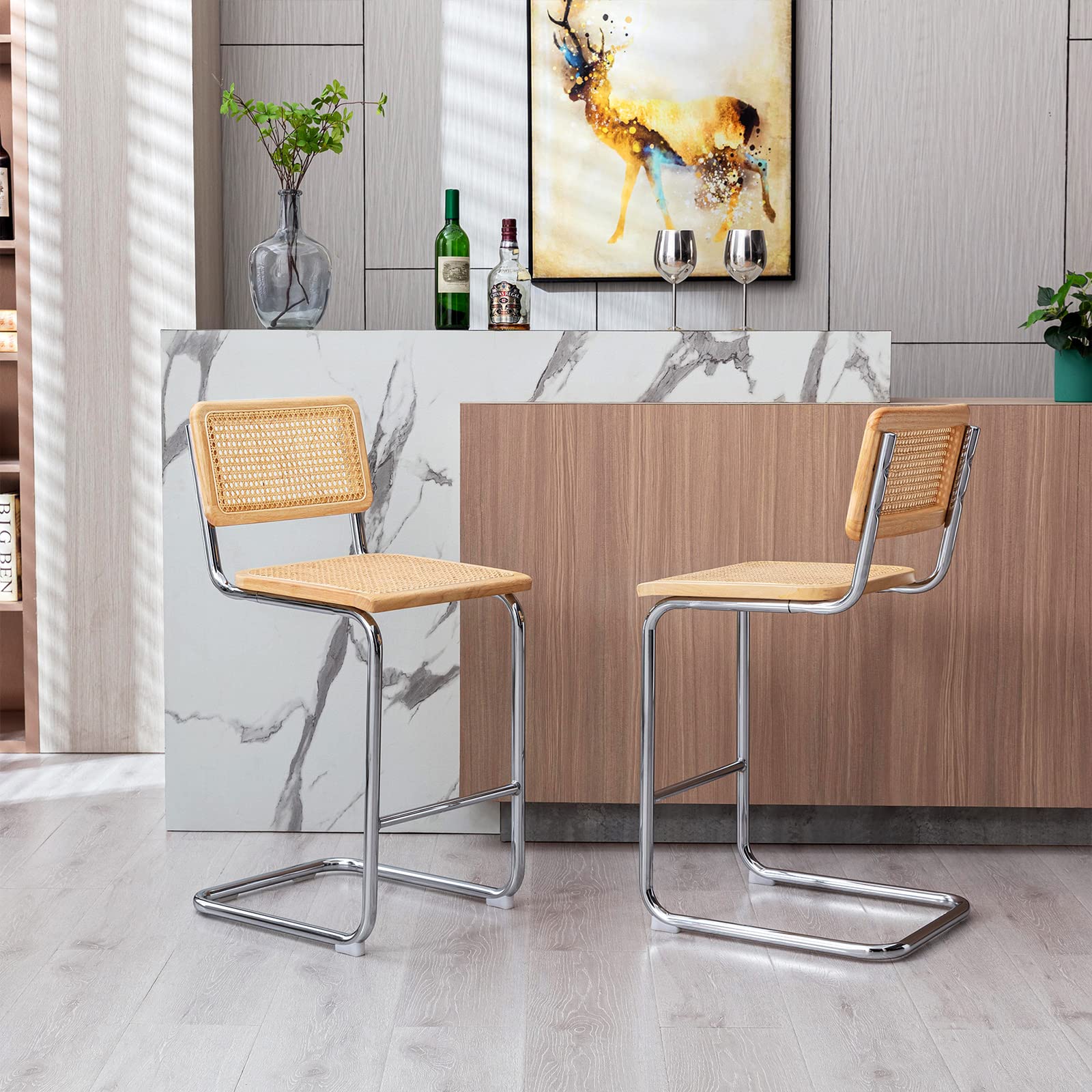 24 Inch Counter Stools Set of 2, Rattan Counter Height Bar Stools, Mid Century Modern Stool with Cane Backrest & Seat, Low Back Counter Stool with Metal Legs for Kitchen Counter, Chrome