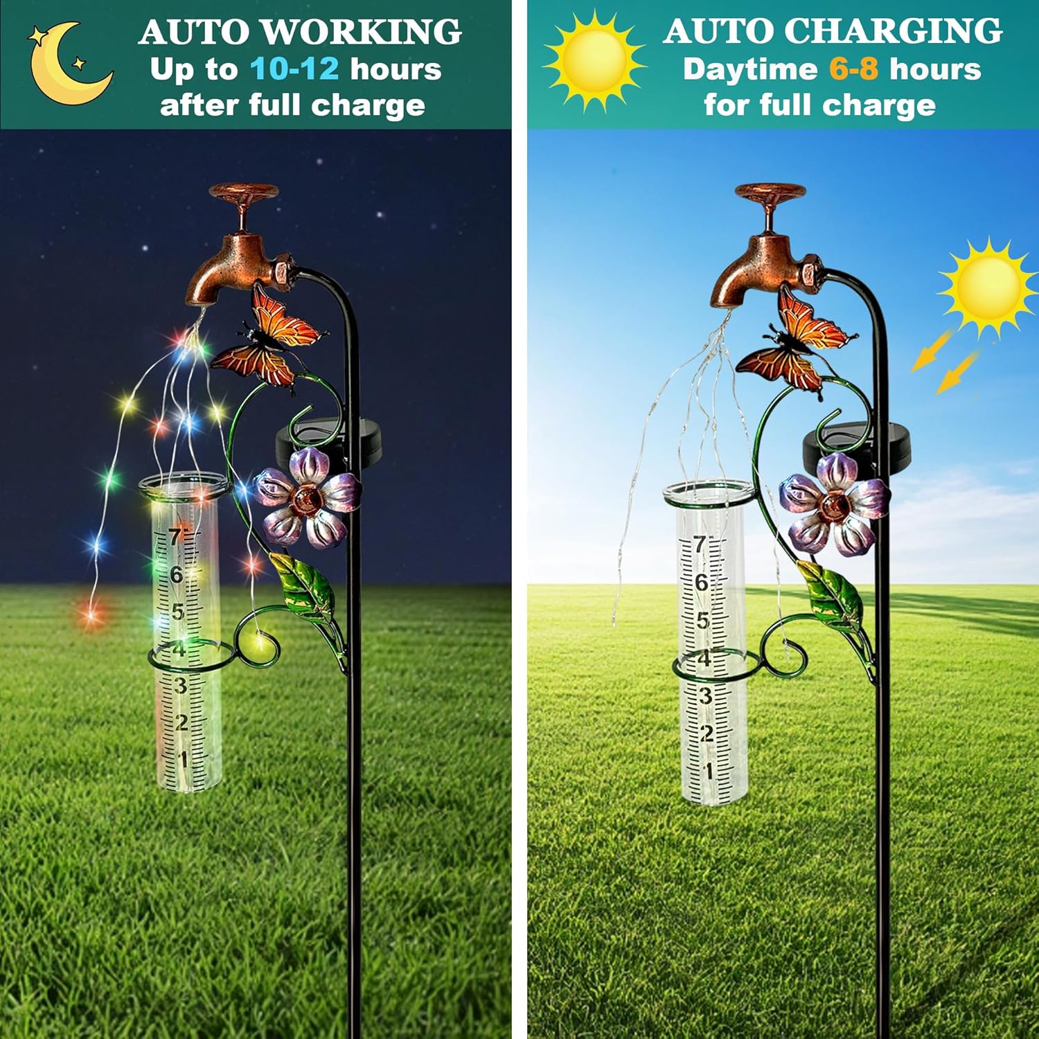 Decorative Rain Gauge Garden Stake with Butterfly and Flower Design, Copper Faucet Style, Metal Garden Decor