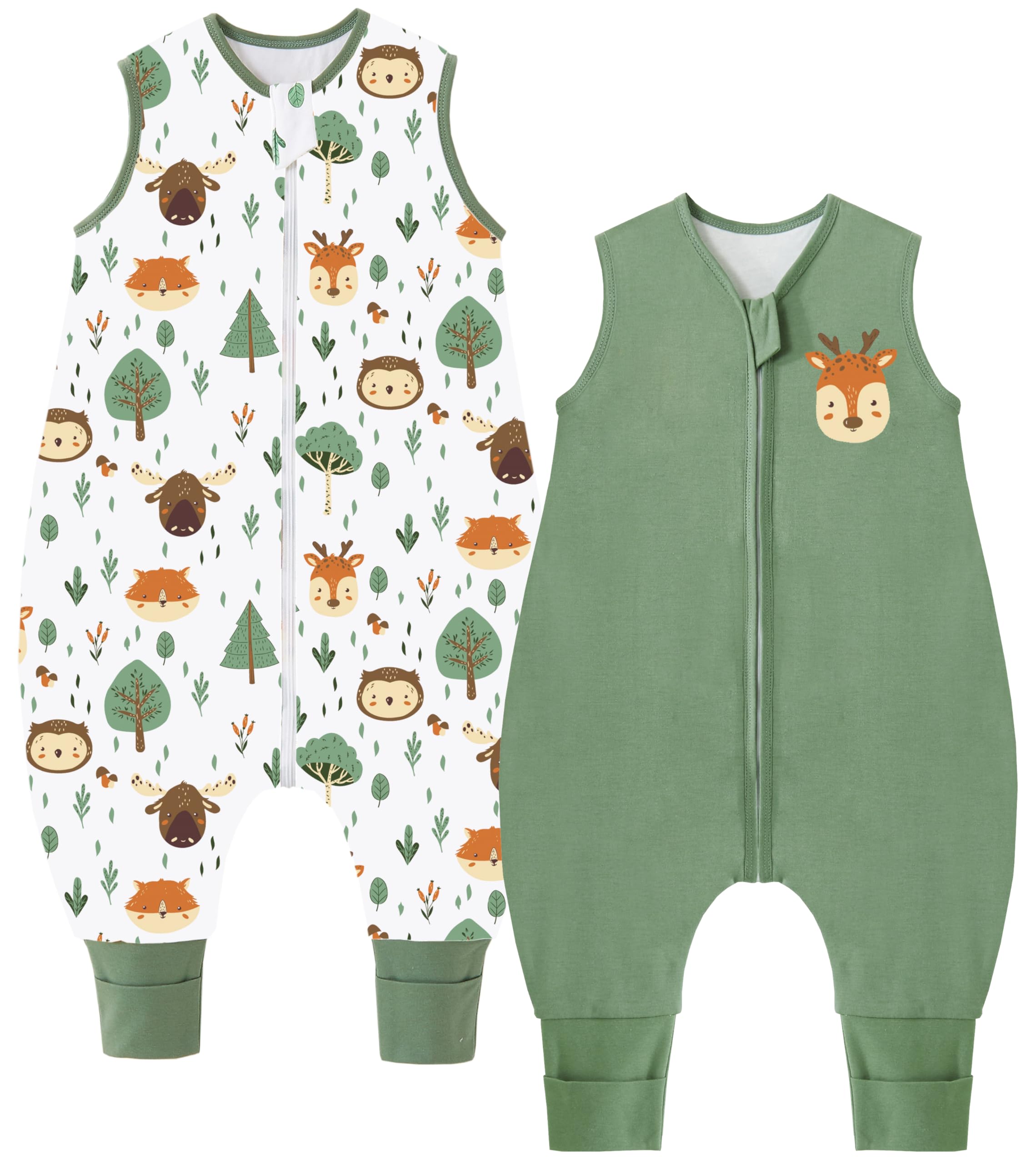 Chilsuessy Baby Schlafsack mit Füßen 2er Pack 1.5 Tog Kinder Ganzjahres Schlafsack 100% Baumwolle Baby Schlafsack mit Beinen, 1.5 Tog/Grün + Wald Tiere, 100cm/Baby Höhe 105-120cm