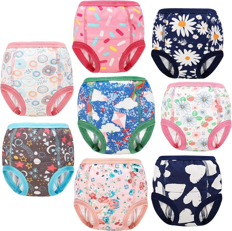 FLYISH DIRECT Potty Training Pants for Girls, 100% Cotton Potty Trainer Pants for Toddlers, Reusable Toilet Training Underwear, 8 Packs, Pink Flowers, 2 Years