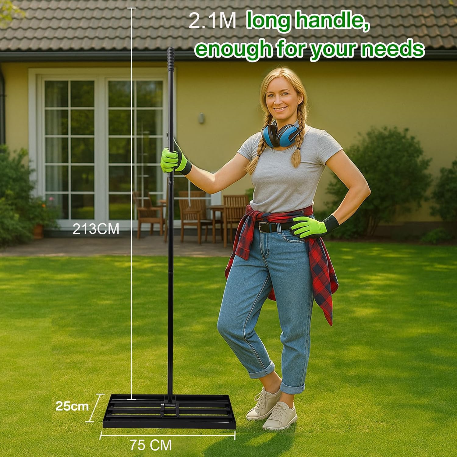 Livellatore per prato, Rastrello per prato, 75 x 25 cm, lunghezza manico 213 cm, acciaio inox, manico regolabile, strumento professionale per la cura del prato per giardini (75cm*25cm*213cm)