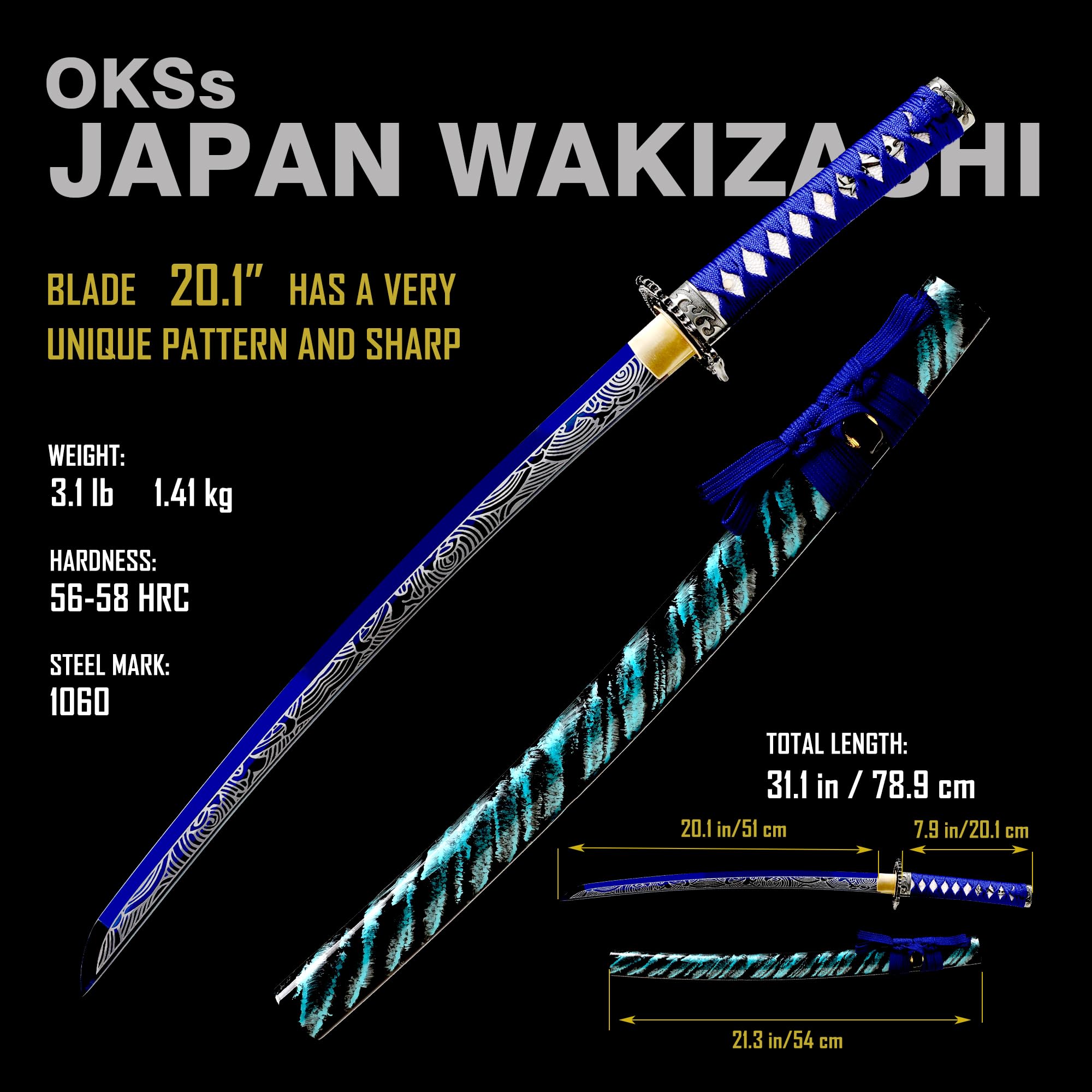OKSs Katana Sword Real Rayskin Hardwood Saya Handmade Japanese Samurai Sword Can Chop Bamboo (18.Blue Wave Style Wakizashi)
