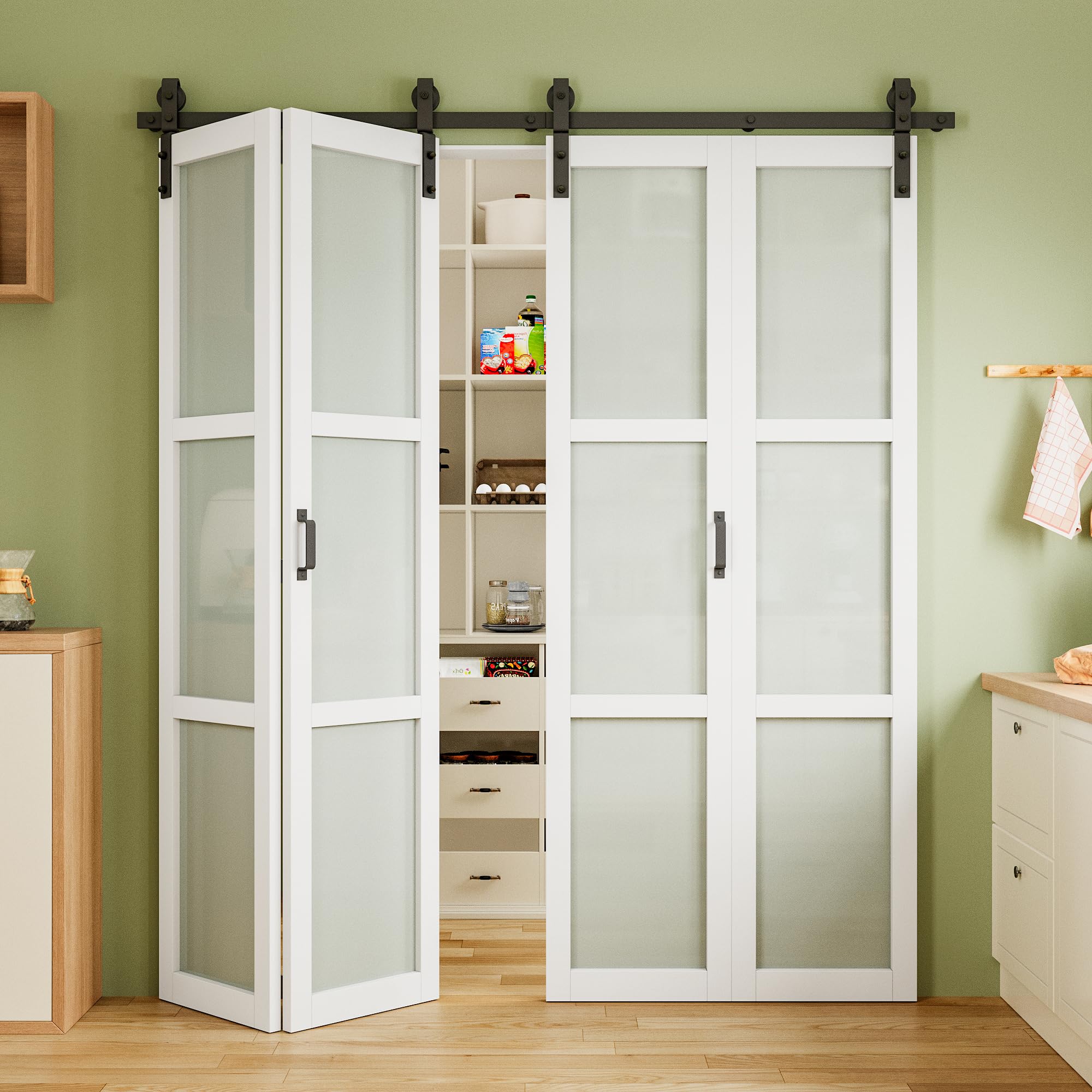 48" x 84" Paintable Frosted Glass Bi-Fold Sliding Barn Door, Pre-Assembled Solid Core Panel Bifold Barn Door with 58" Track Kit, Water-Resistant