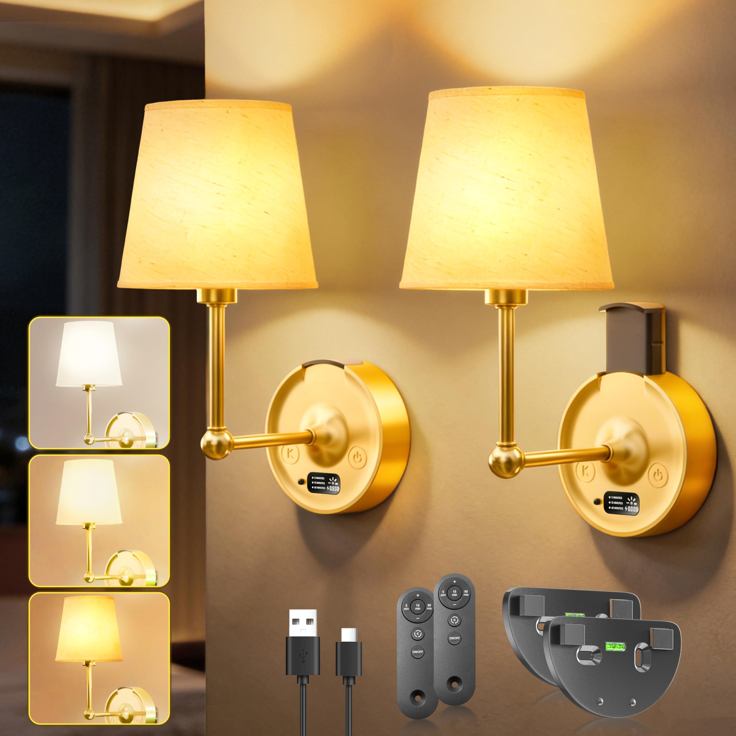 Anordsem Battery Wall Lights Indoor: 8000mAh Removable Rechargeable Fabric Wall Sconce Set of 2 - Remote Dimmable Wireless LED for Bedroom Living Room Hallway - Cordless Wall Light. (Gold)