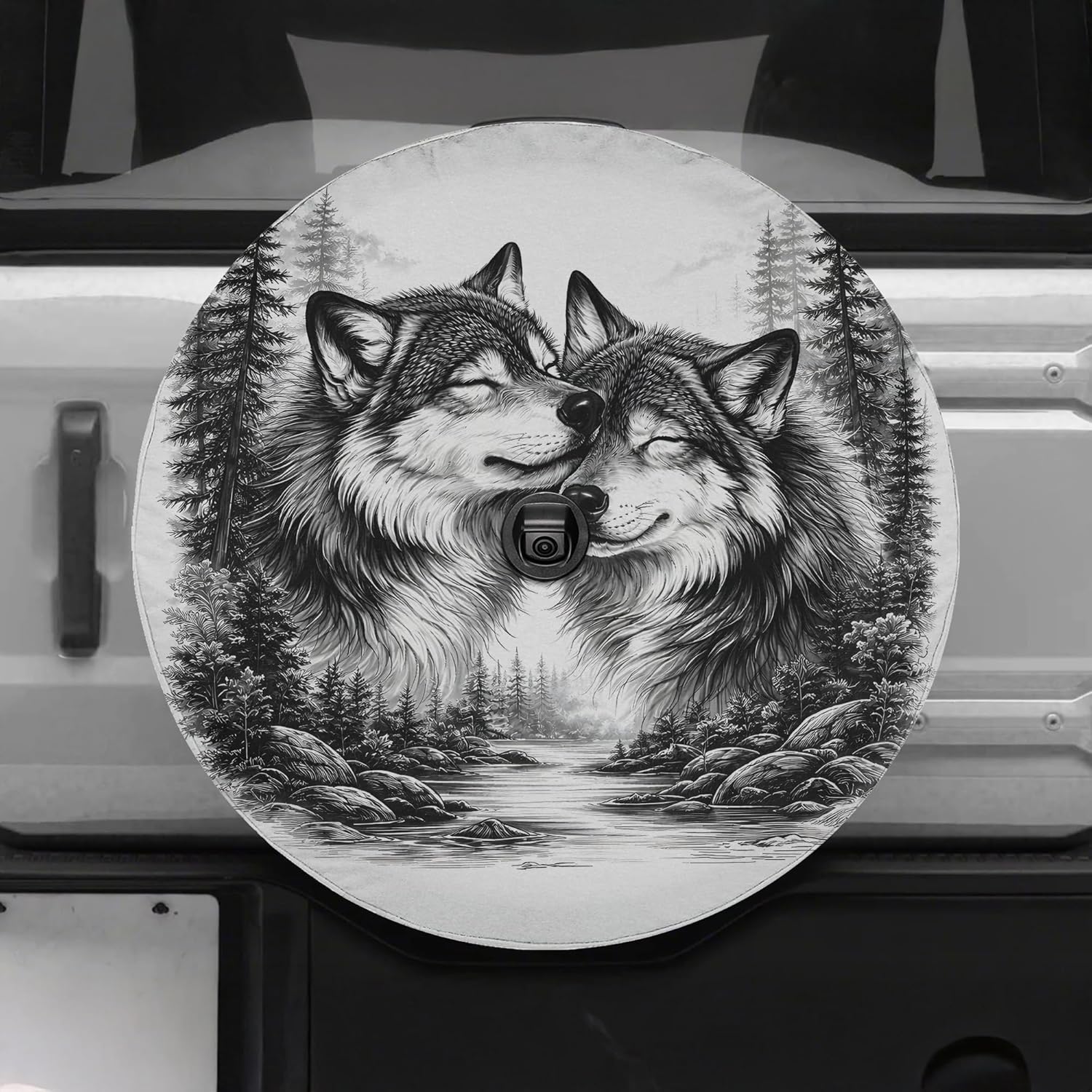 ThangPham Shop Forest Wolf Couple Spare Tire Cover with/Without Backup Camera Hole – Romantic Wolf Love Design, Wildlife Mountain Scene Tire Cover