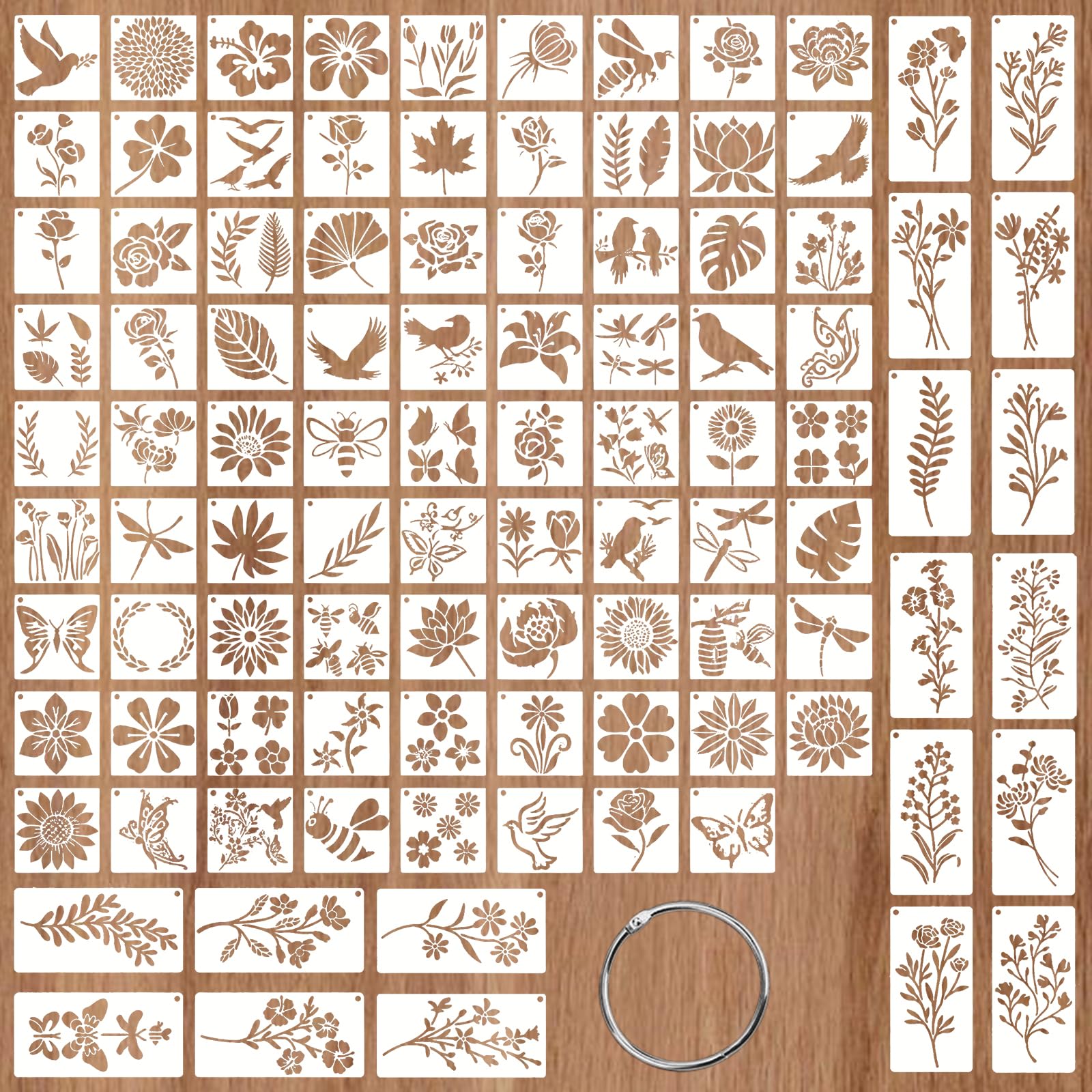 VEGCOO 98 Pcs Flower Stencils for Crafts Reusable, Plants Animals Insects Stencils for Painting