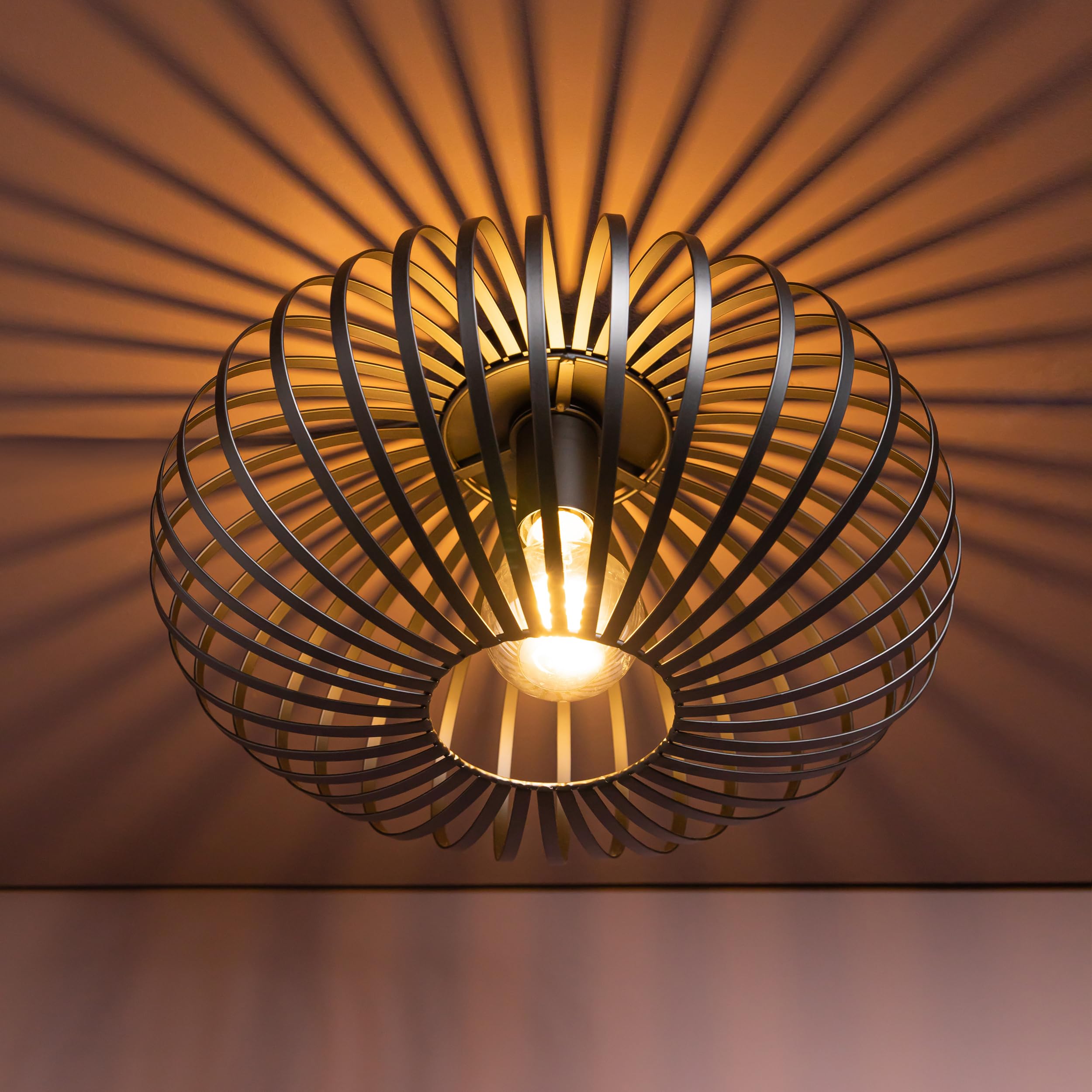 Lightbox Retro Deckenlampe mit besonderem Lichteffekt durch Gitter Lampen-Schirm | Ø 40 cm | Deko Deckenleuchte | E27 Fassung | für Wohn- und Schlafzimmer | Metall in Schwarz