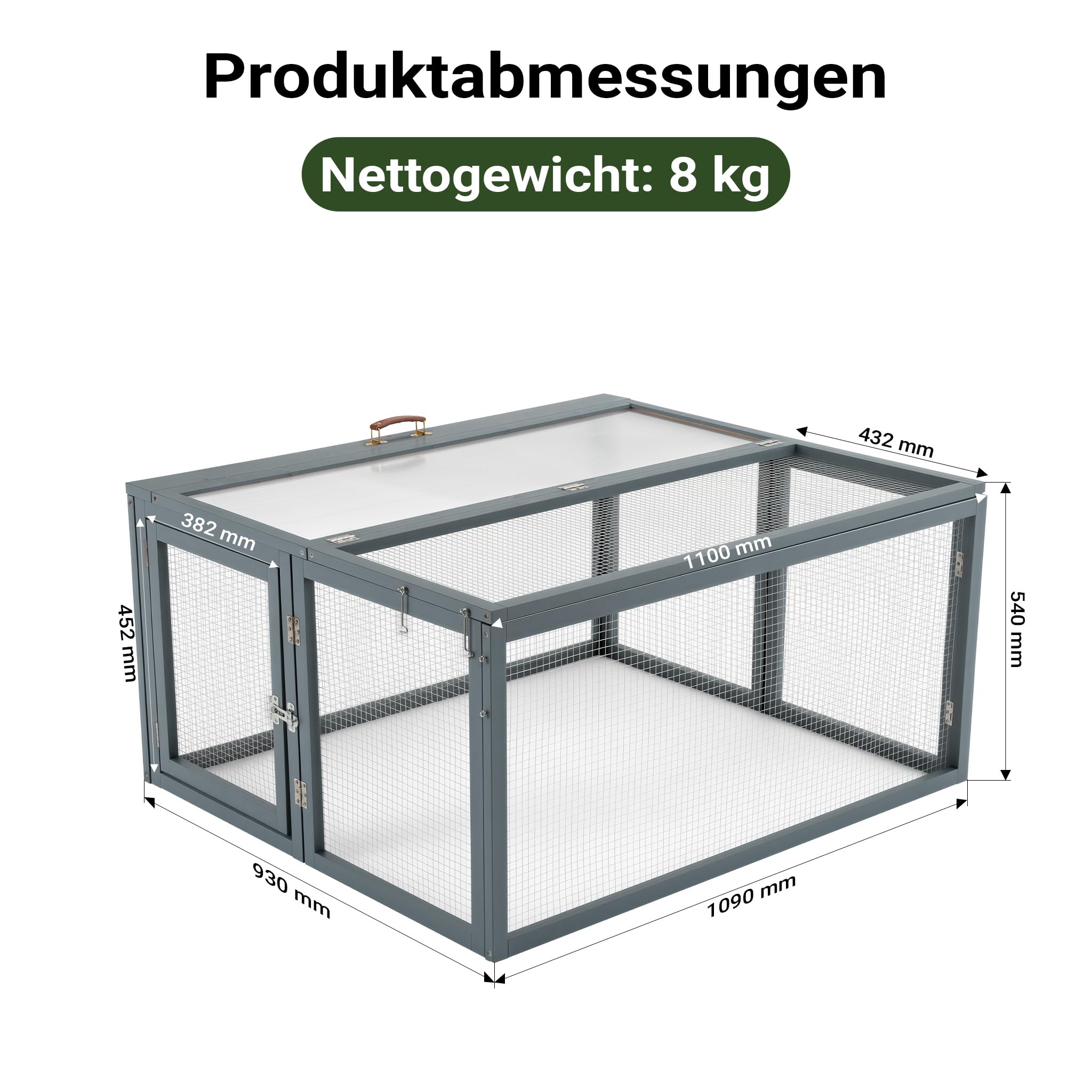 Wiltec Klappbarer Kaninchenstall Grau 109 x 93 x 54 cm, Hasenstall aus Tannenholz mit Drahtgitter, Kleintierstall Freigehege mit Tragegriff