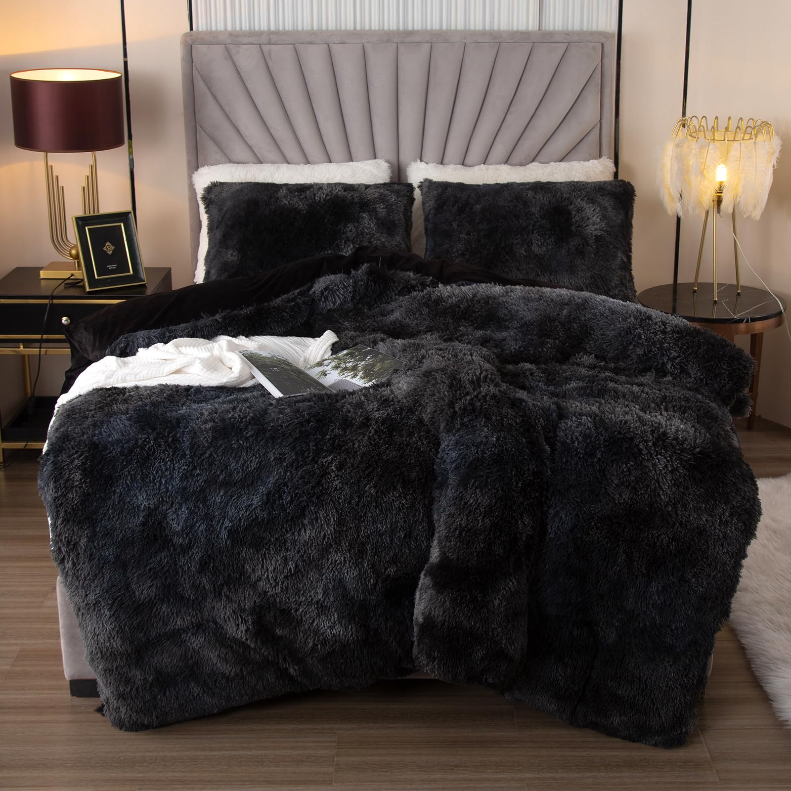 EMME Juego de ropa de cama de felpa, 220 x 240 cm, franela mullida, juego para cama y ropa de cama suave, fundas nórdicas y 1 funda de almohada de 80 x 80 cm, gris oscuro
