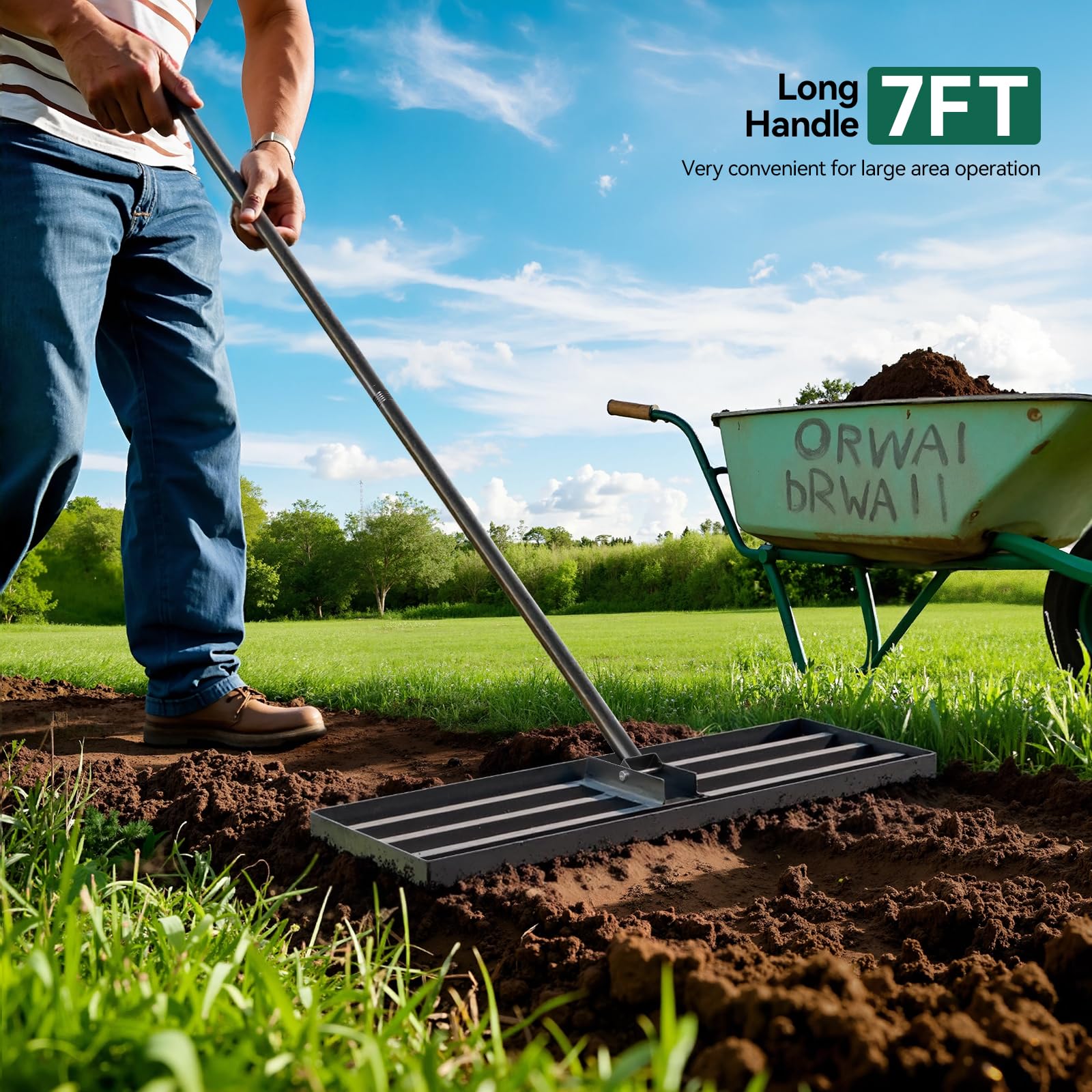 Warmiehomy Rastrillo de jardín de 76 x 25 cm, rastrillo de hojas para jardinería con mango ajustable de 213 cm, herramienta de nivelación de césped resistente para ahorrar esfuerzo, nivelador de patio