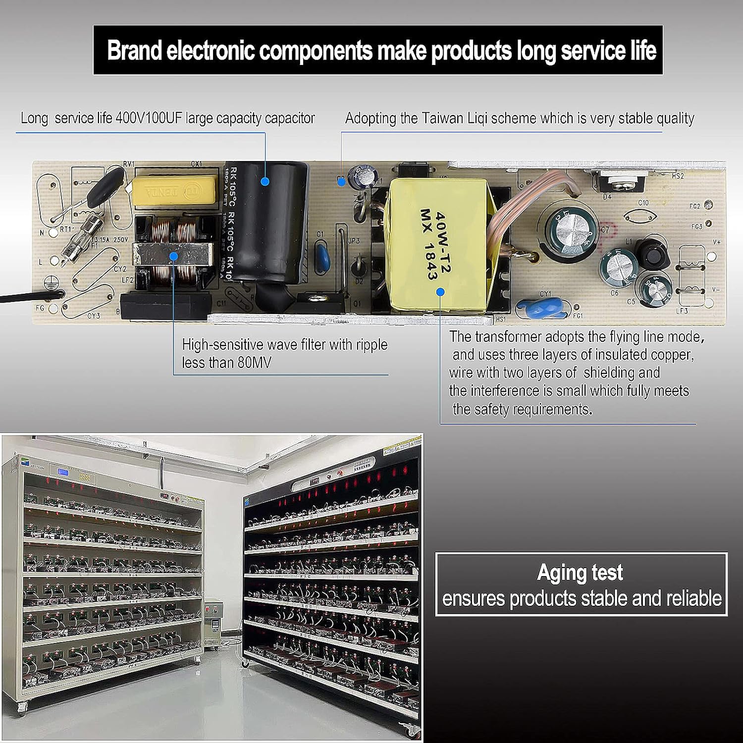 4 Pack LED Driver - 40W Waterproof IP67 Power Supply, 90V-265V AC to 24V DC, 3-Prong Plug 3.3 Feet Cable for Constant Voltage LED Products