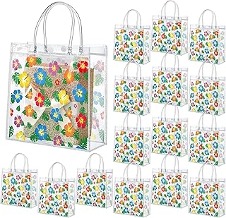 Engrowtic 24 Pcs Hawaiian Hibiscus Clear Gift Bags with Handle Plastic PVC Summer Tiki Luau Treat Goodie Favor Tote Bags for Tropical Aloha Hibiscus Theme Party Birthday Present Giving, 8 x 8 x 3.15