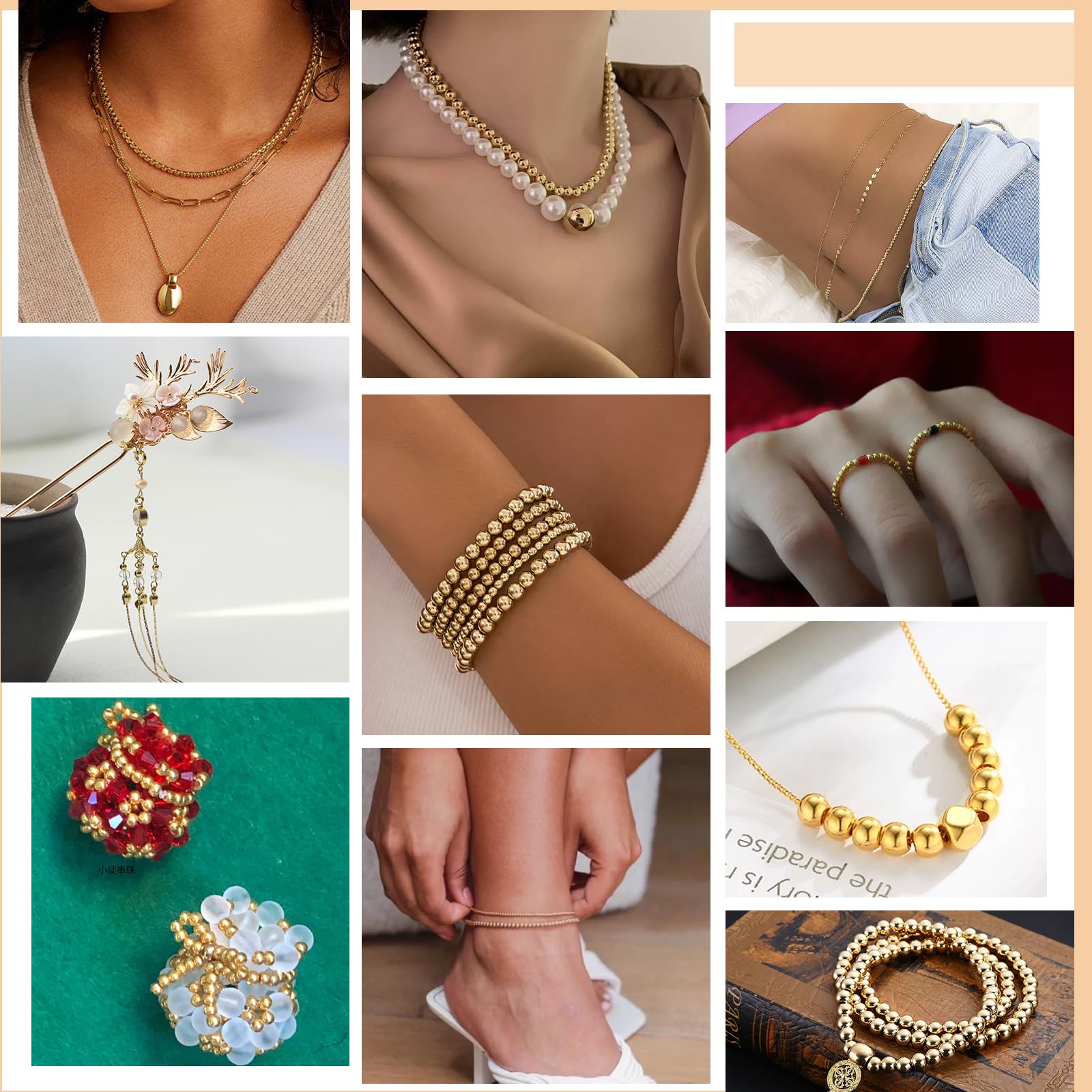 Cuentas Espaciadoras De Metal Dorado - Pack De 160 Piezas, 8 Estilos Diferentes, Para Bisutería DIY (3-6 Mm)