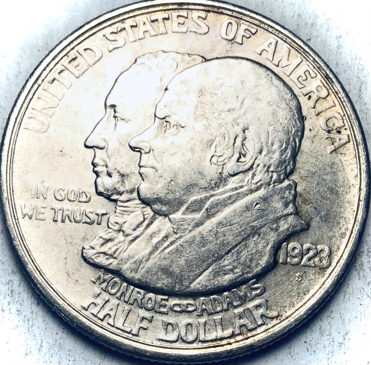 1923 S Monroe Adams Silver Centennial Commemorative Half Dollar Extremely Fine