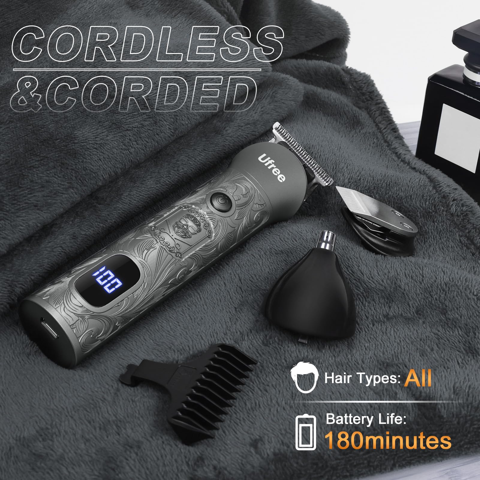 Ufree Hair Clippers for Men, Cordless Beard Trimmer, Grooming Kit, Gray