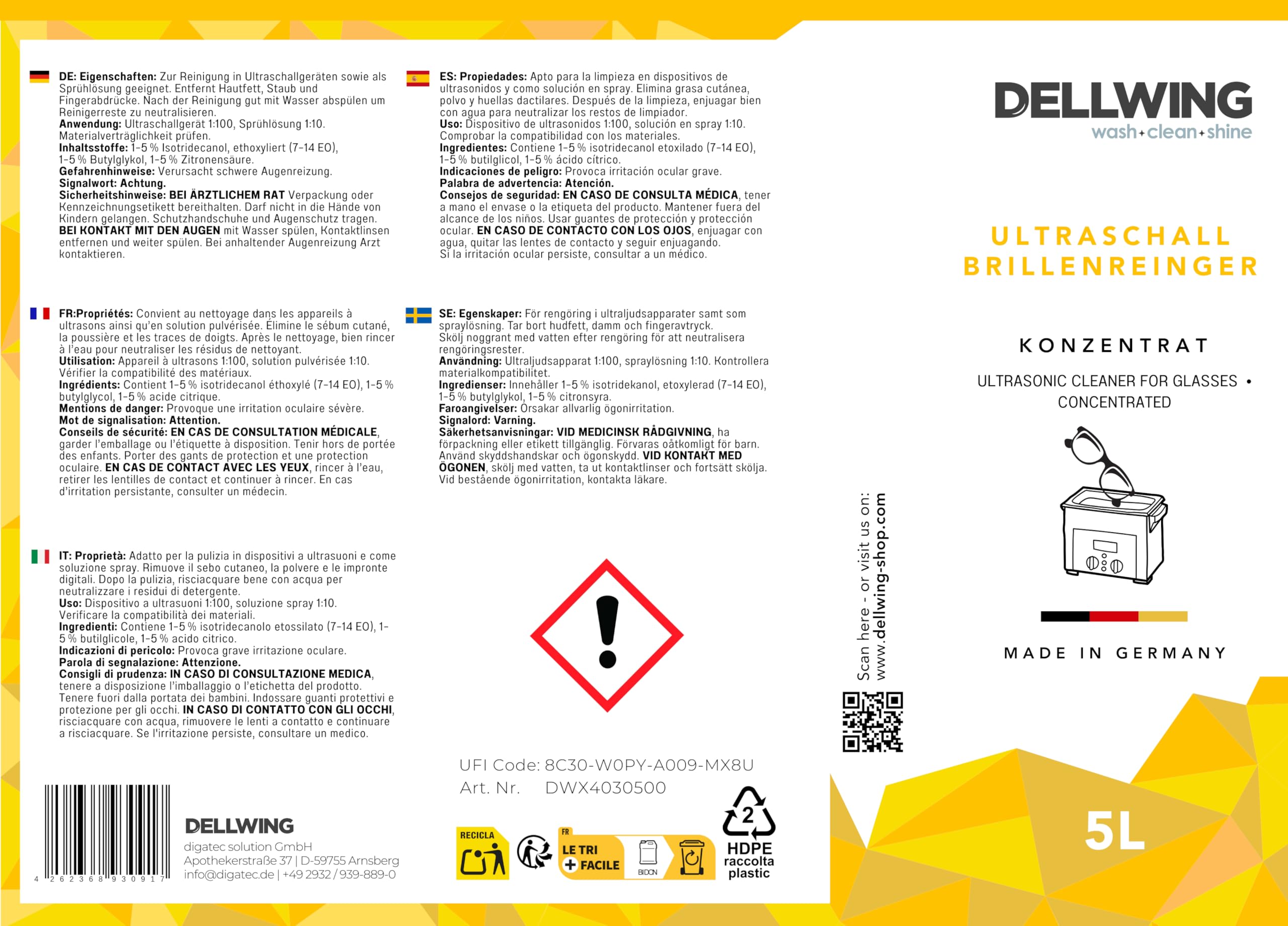 Dellwing Brillenreiniger 5 l, Konzentrat für Ultraschallgeräte, Reinigungsmittel für Brillen, Made in Germany